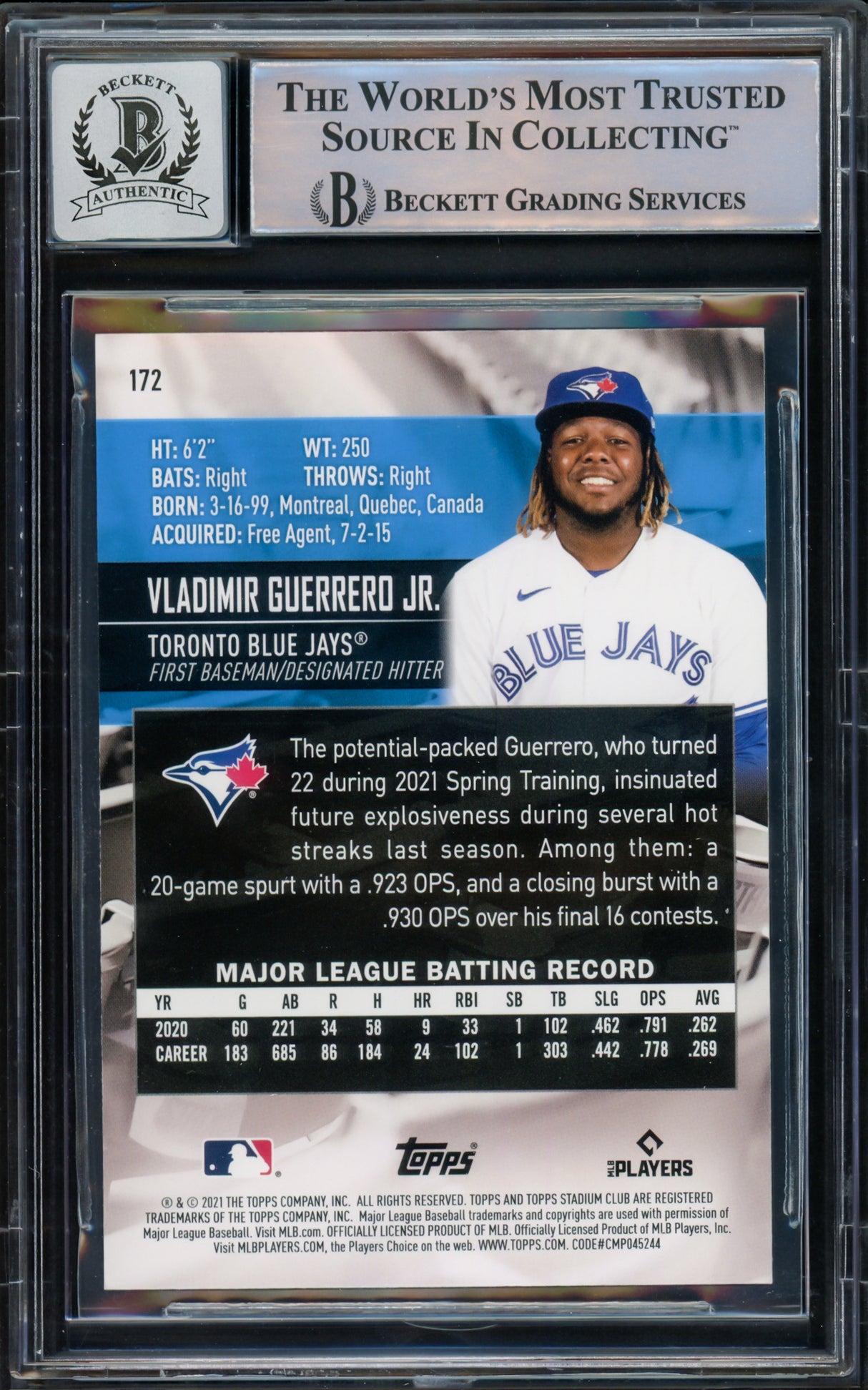 Vladimir Guerrero Jr. Autographed 2021 Stadium Club Card #172 Toronto Blue Jays Auto Grade Gem Mint 10 Beckett BAS #15772950