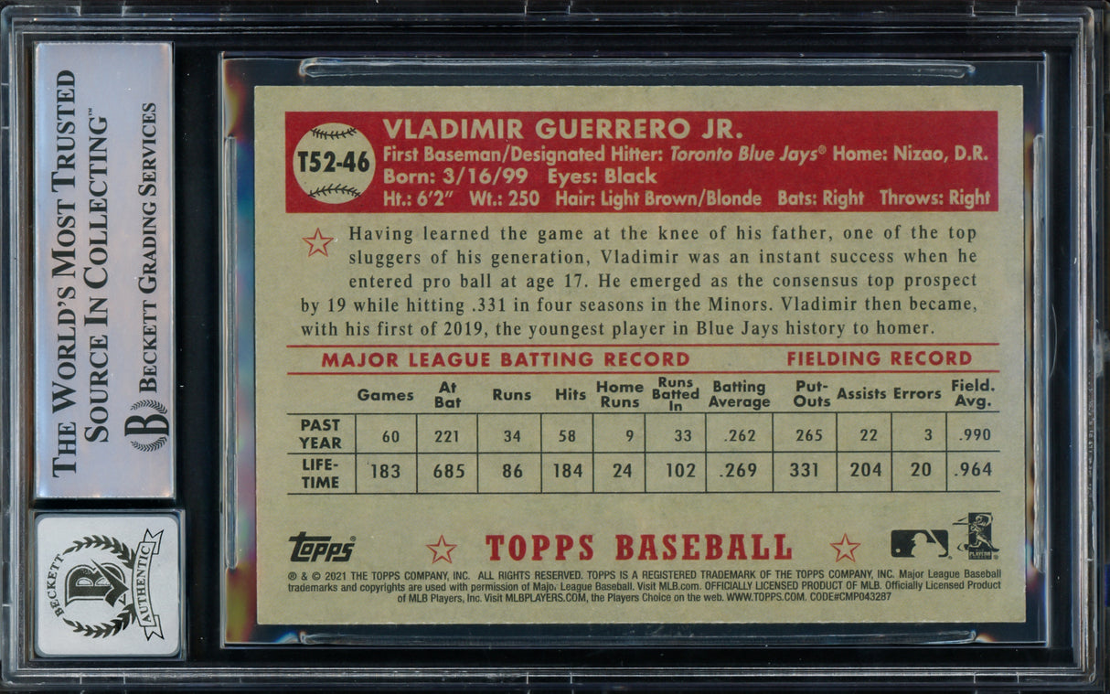 Vladimir Guerrero Jr. Autographed 2021 Topps 1952 Redux Card #T52-46 Toronto Blue Jays Auto Grade Gem Mint 10 Beckett BAS #15773053
