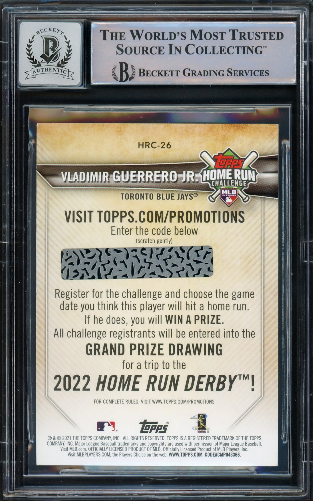 Vladimir Guerrero Jr. Autographed 2021 Topps Home Run Challenge Card #HRC-26 Toronto Blue Jays Auto Grade Gem Mint 10 Beckett BAS #15773056