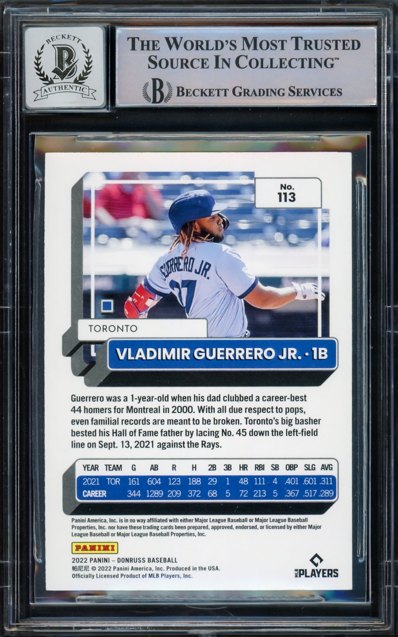 Vladimir Guerrero Jr. Autographed 2022 Donruss Variations Card #113 Toronto Blue Jays Auto Grade Gem Mint 10 Beckett BAS #15773060
