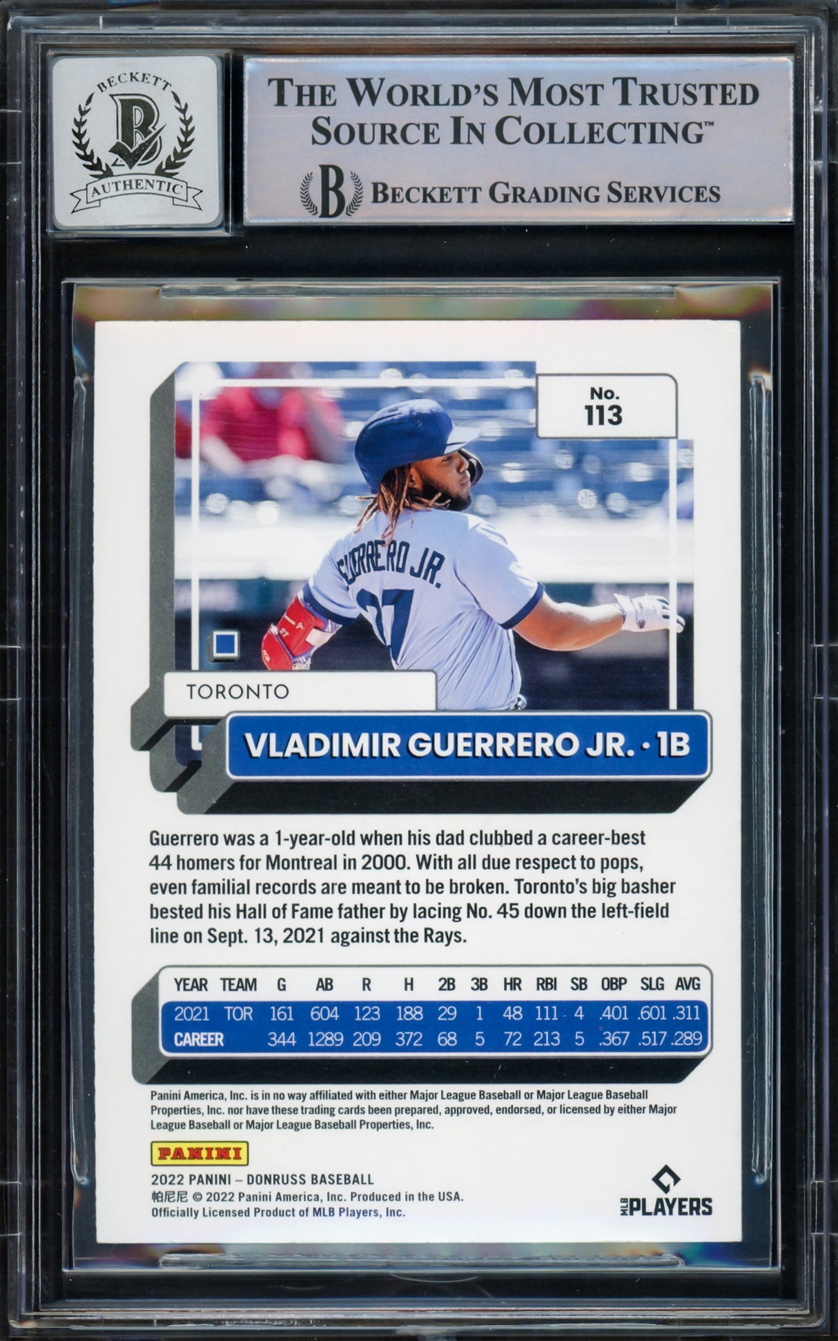 Vladimir Guerrero Jr. Autographed 2022 Donruss Variations Card #113 Toronto Blue Jays Auto Grade Gem Mint 10 Beckett BAS #15773060
