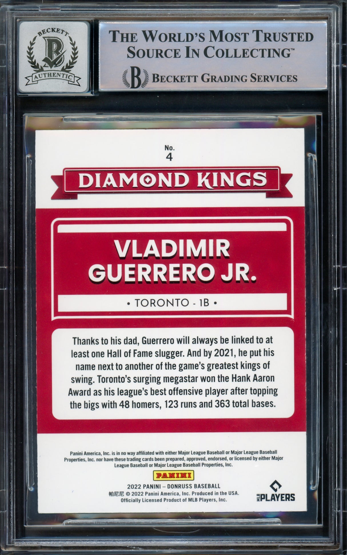 Vladimir Guerrero Jr. Autographed 2022 Donruss Diamond Kings Card #4 Toronto Blue Jays Auto Grade Gem Mint 10 Beckett BAS #15773064