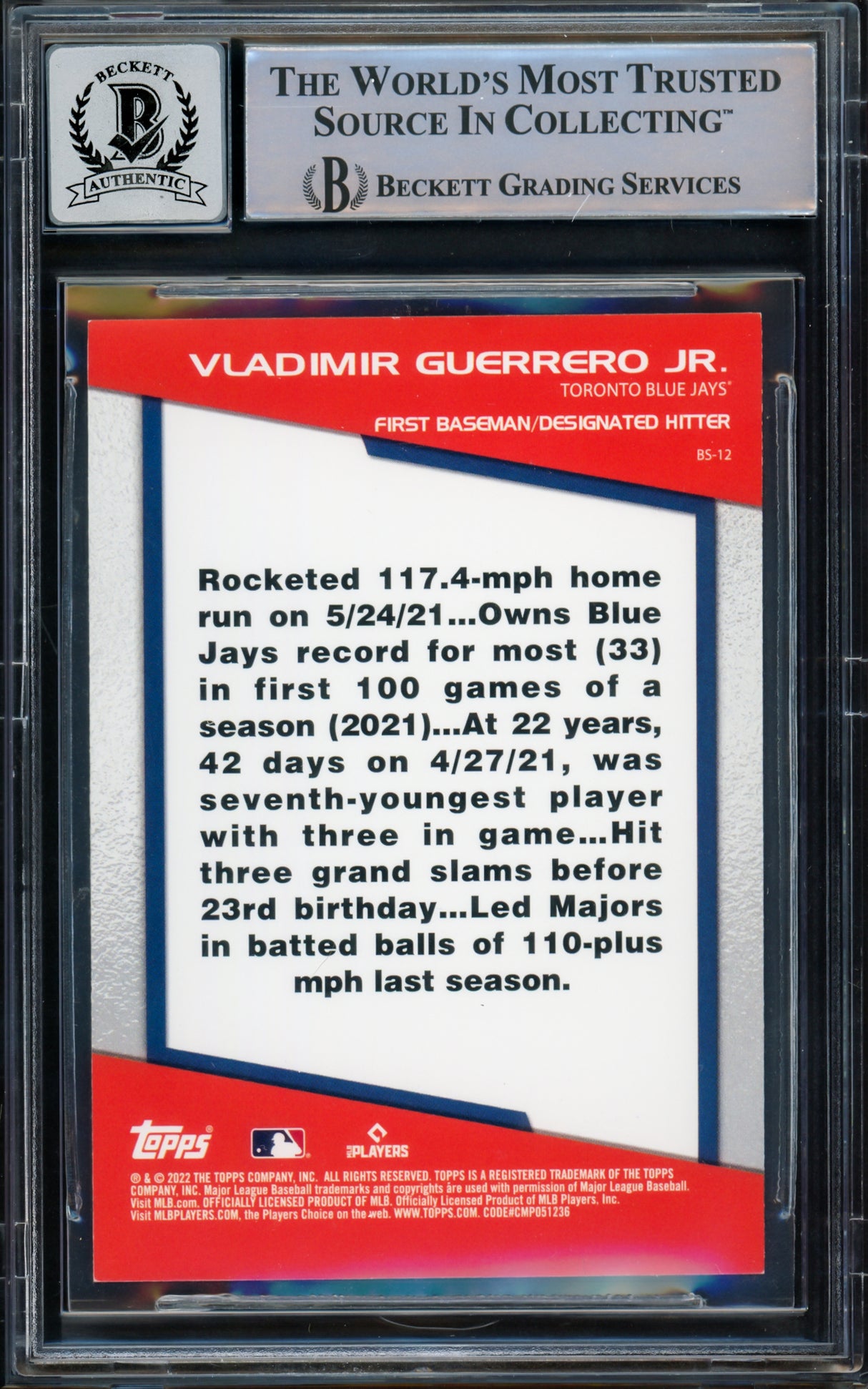 Vladimir Guerrero Jr. Autographed 2022 Topps Opening Day Card #BS-12 Toronto Blue Jays Auto Grade Gem Mint 10 Beckett BAS #15773071