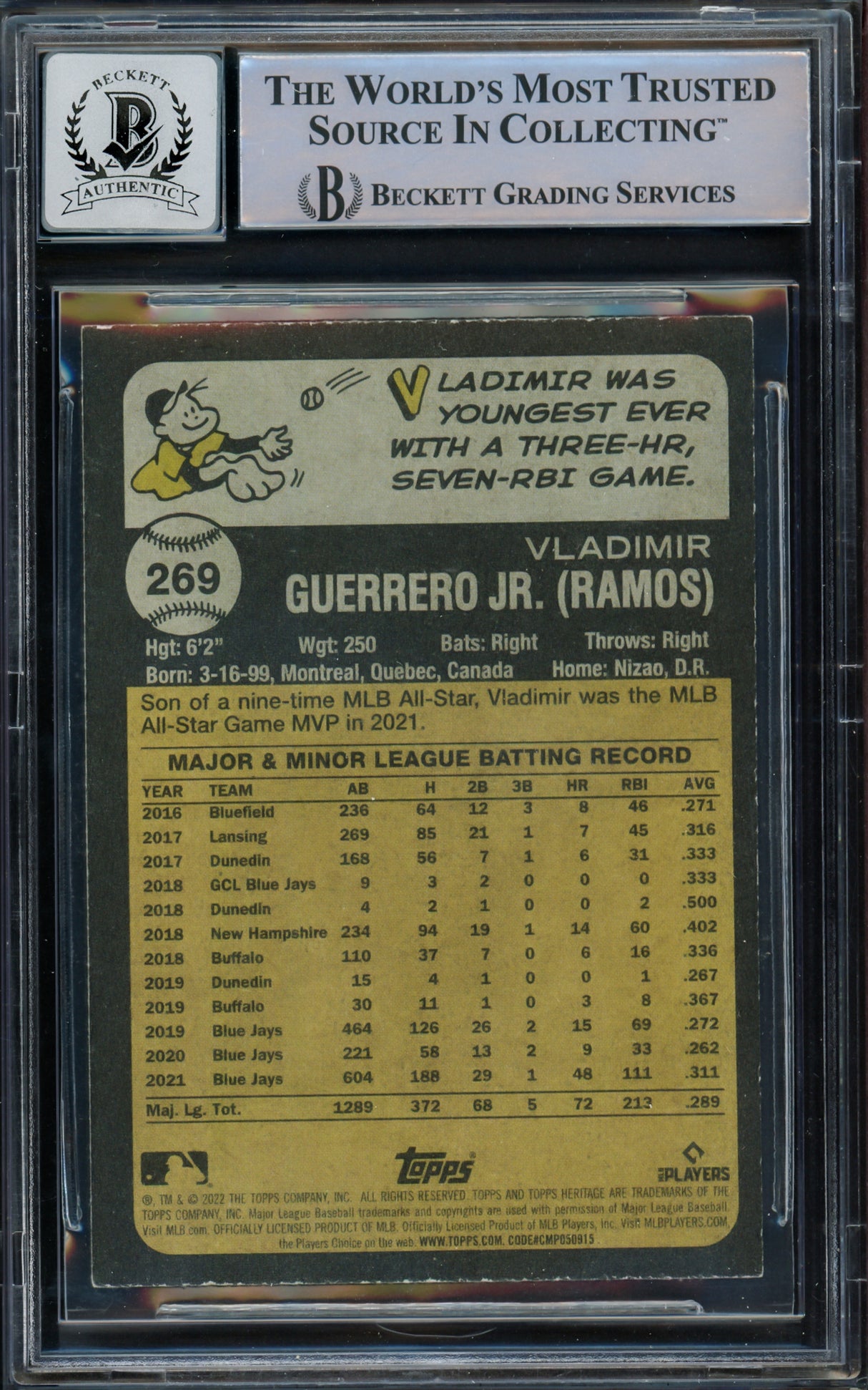 Vladimir Guerrero Jr. Autographed 2022 Topps Heritage Card #269 Toronto Blue Jays Auto Grade Gem Mint 10 Beckett BAS #15773073