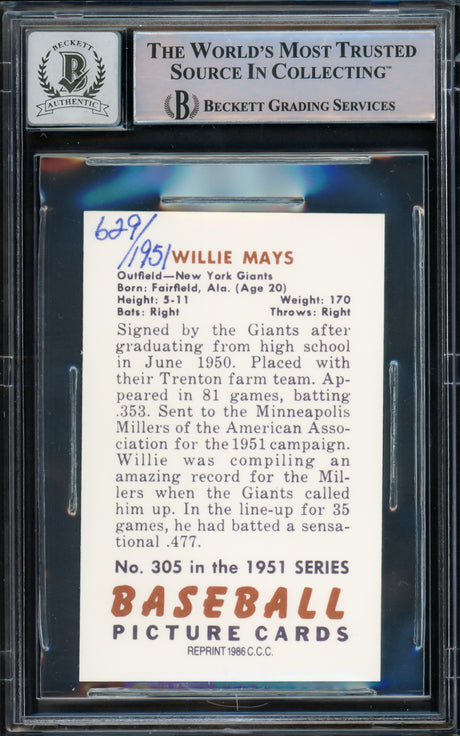 Willie Mays Autographed 1986 CCC 1951 Bowman Reprint Rookie Card #305 New York Giants Auto Grade Gem Mint 10 #629/1951 Beckett BAS #15773083