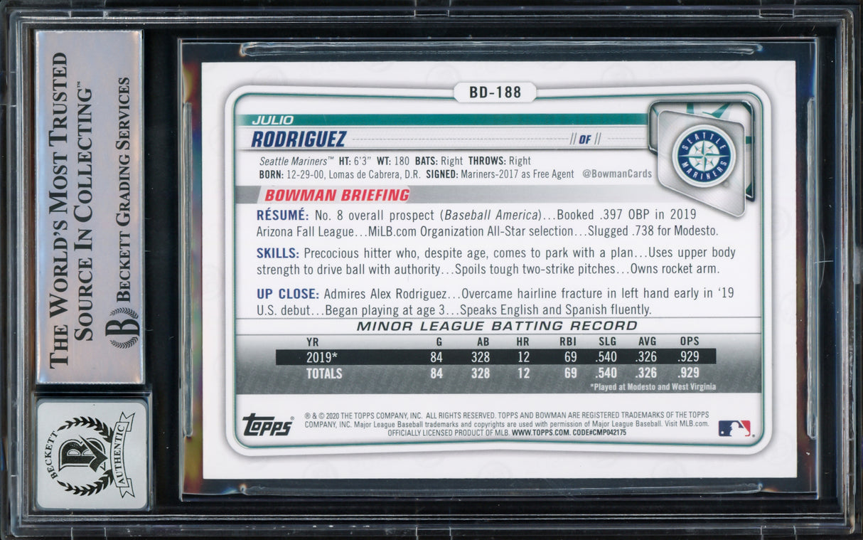 Julio Rodriguez Autographed 2020 Bowman Draft Rookie Card #BD188 Seattle Mariners Auto Grade Gem Mint 10 Beckett BAS #15773547