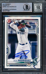 Julio Rodriguez Autographed 2021 Bowman Rookie Card #BP86 Seattle Mariners Auto Grade Gem Mint 10 Beckett BAS #15773551