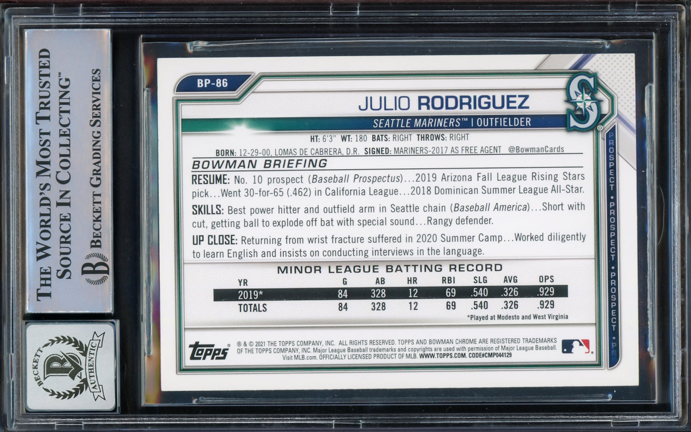 Julio Rodriguez Autographed 2021 Bowman Rookie Card #BP86 Seattle Mariners Auto Grade Gem Mint 10 Beckett BAS #15773551