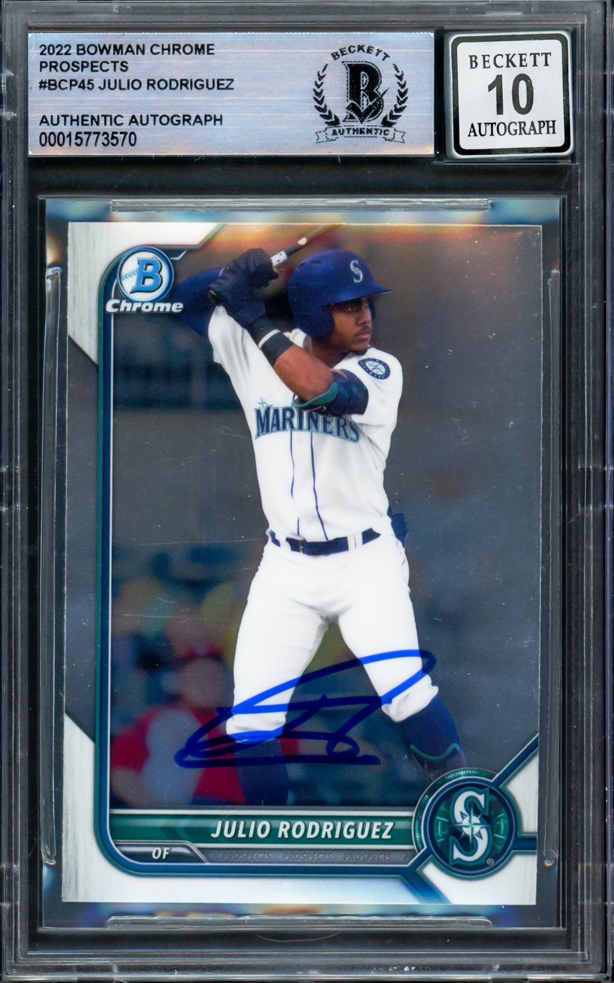 Julio Rodriguez Autographed 2022 Bowman Chrome Rookie Card #BCP45 Seattle Mariners Auto Grade Gem Mint 10 Beckett BAS #15773570