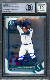 Julio Rodriguez Autographed 2022 Bowman Chrome Rookie Card #BCP45 Seattle Mariners Auto Grade Gem Mint 10 Beckett BAS #15773570
