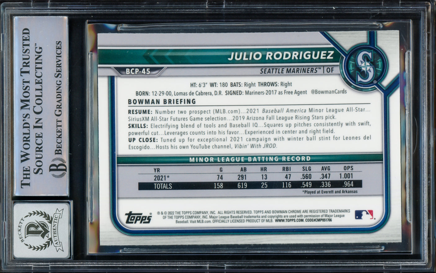 Julio Rodriguez Autographed 2022 Bowman Chrome Rookie Card #BCP45 Seattle Mariners Auto Grade Gem Mint 10 Beckett BAS #15773570