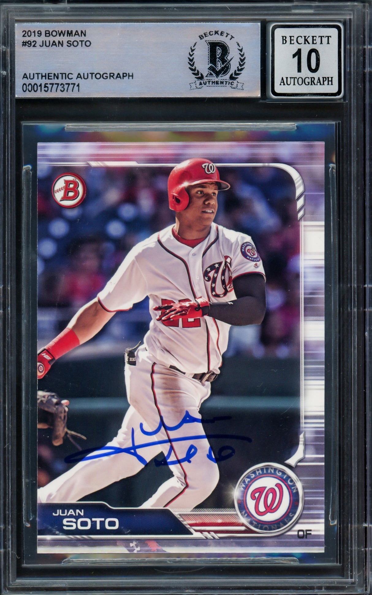 Juan Soto Autographed 2019 Bowman Card #92 New York Yankees Auto Grade Gem Mint 10 Beckett BAS #15773771