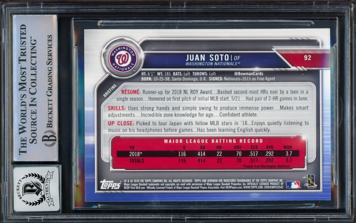 Juan Soto Autographed 2019 Bowman Card #92 New York Mets Auto Grade Gem Mint 10 Beckett BAS #15773771
