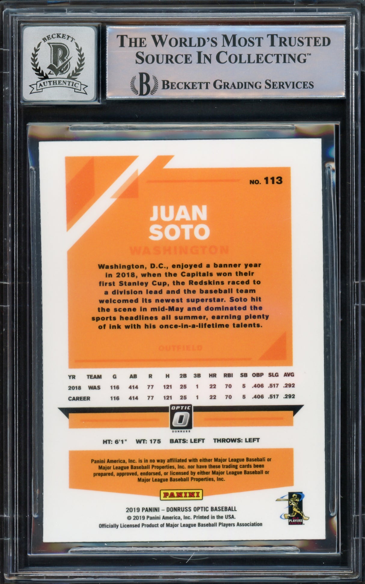 Juan Soto Autographed 2019 Donruss Optic Card #113 New York Mets Auto Grade Gem Mint 10 Beckett BAS #15773780