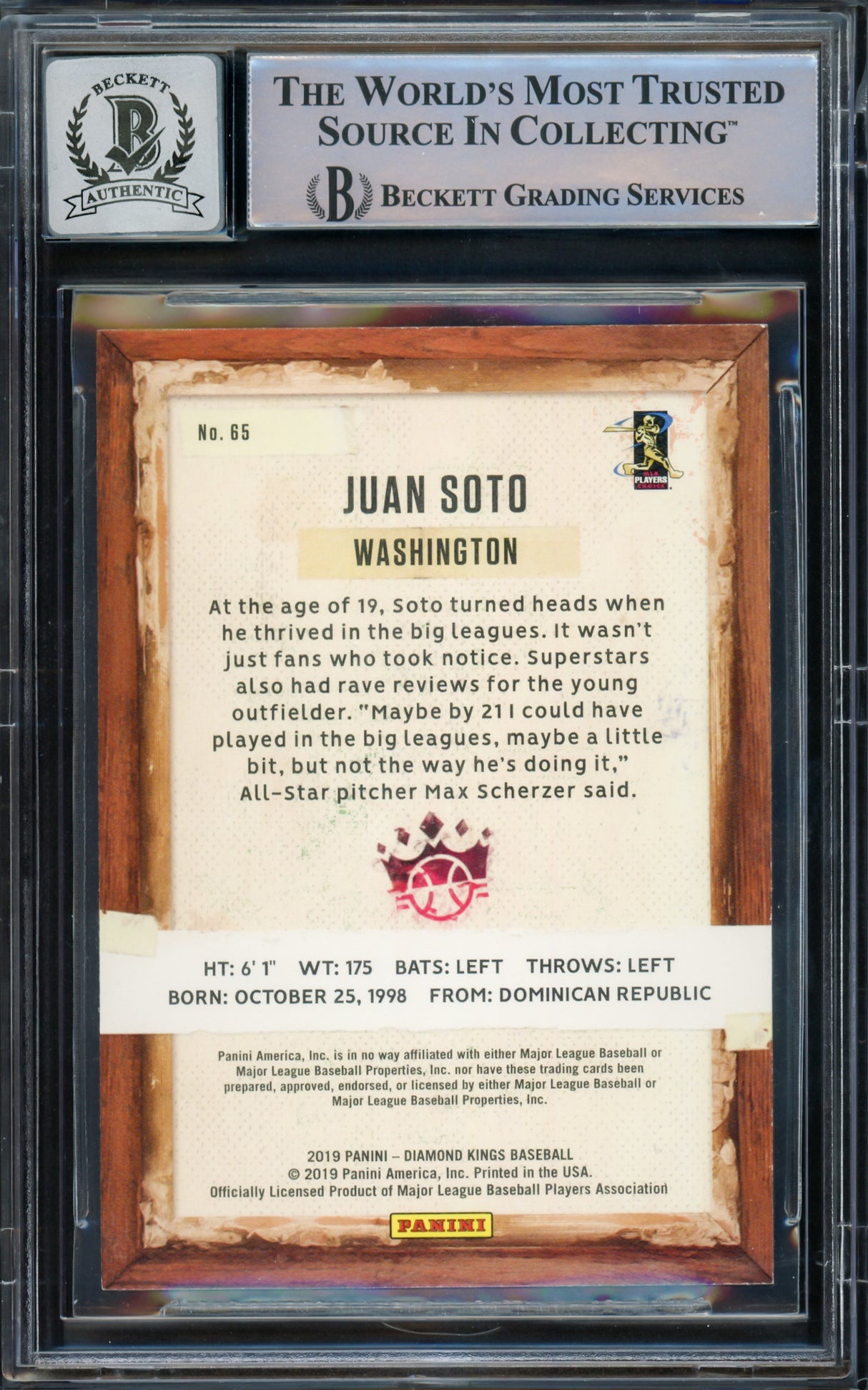 Juan Soto Autographed 2019 Panini Diamond Kings Card #65 New York Yankees Auto Grade Gem Mint 10 Beckett BAS #15773783