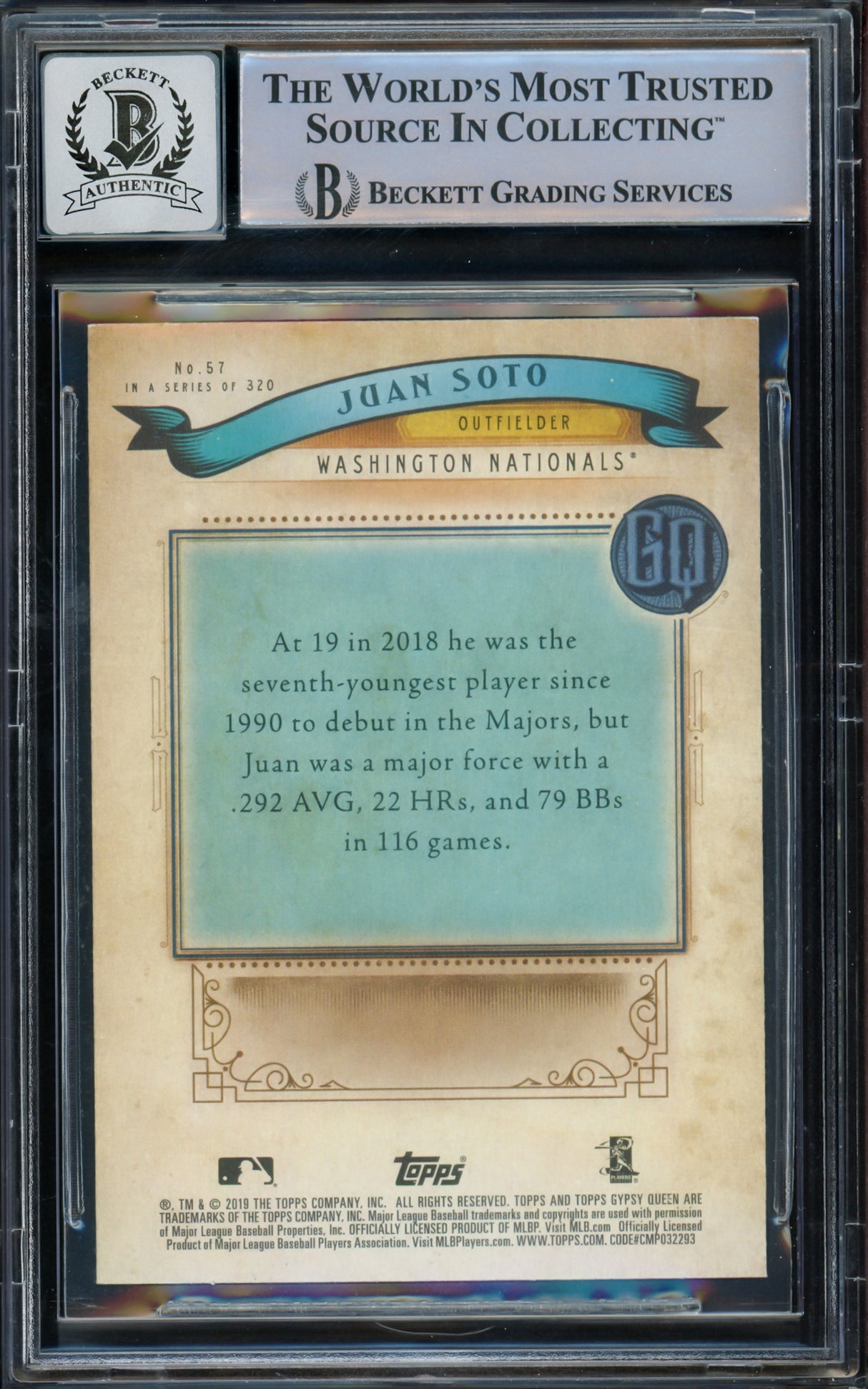Juan Soto Autographed 2019 Topps Gypsy Queen Card #57 New York Yankees Auto Grade Gem Mint 10 Beckett BAS #15773800