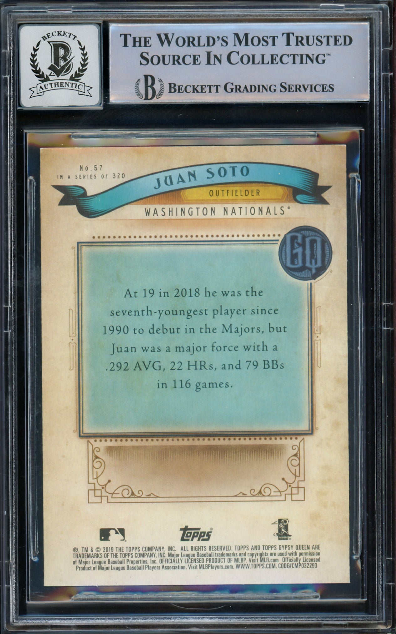 Juan Soto Autographed 2019 Topps Gypsy Queen Card #57 New York Yankees Auto Grade Gem Mint 10 Beckett BAS #15773800
