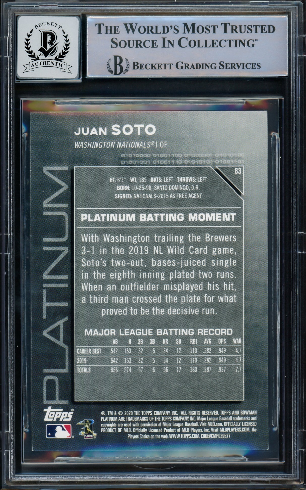 Juan Soto Autographed 2020 Bowman Platinum Card #83 New York Yankees Auto Grade Gem Mint 10 Beckett BAS #15773809