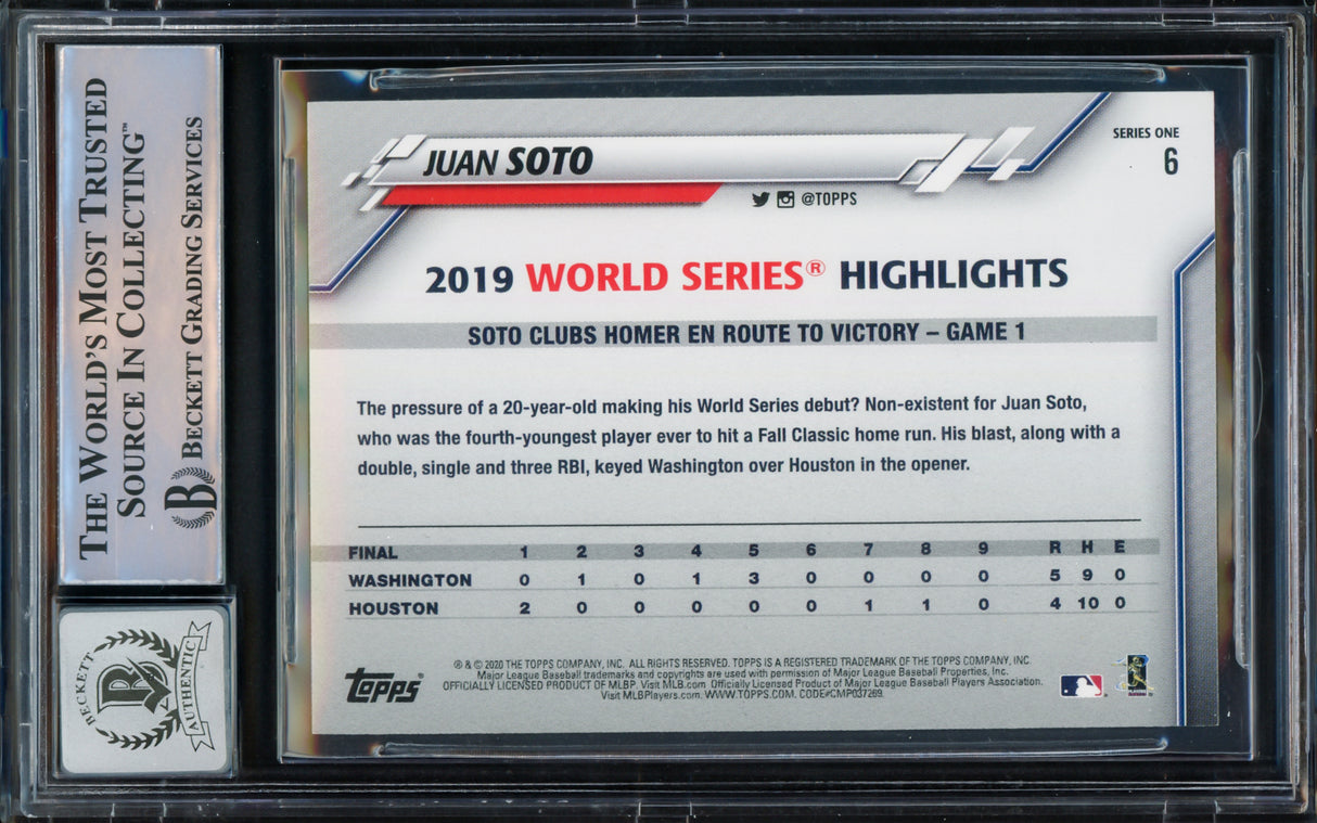 Juan Soto Autographed 2020 Topps World Series Card #6 New York Mets Auto Grade Gem Mint 10 Beckett BAS #15773820