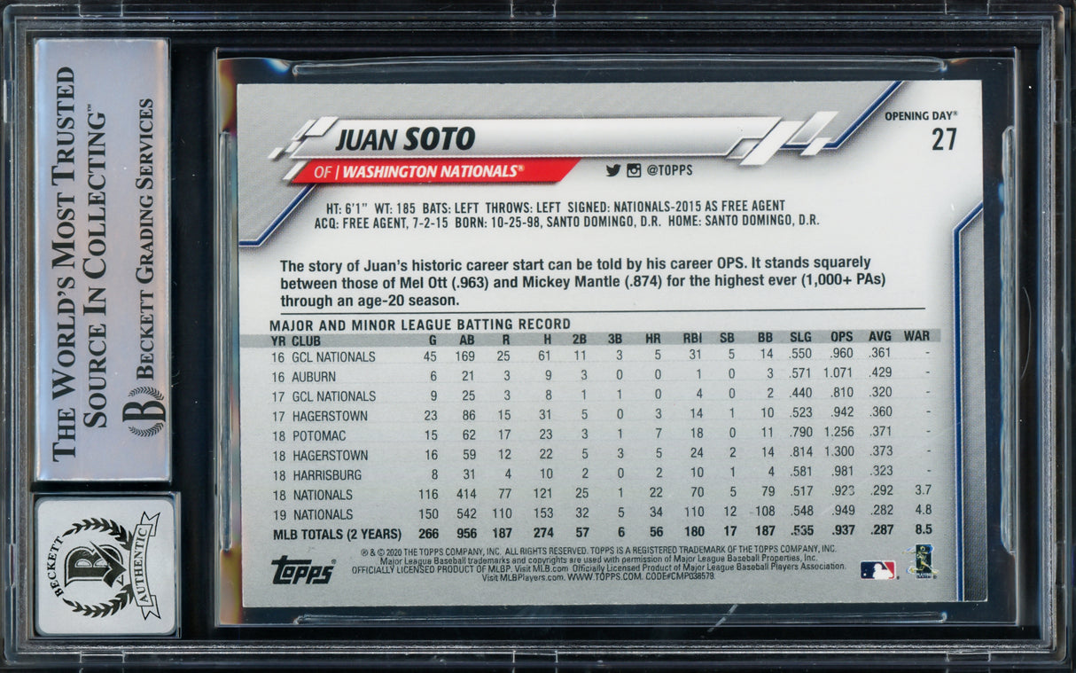Juan Soto Autographed 2020 Topps Opening Day Card #27 New York Yankees Auto Grade Gem Mint 10 Beckett BAS #15773821