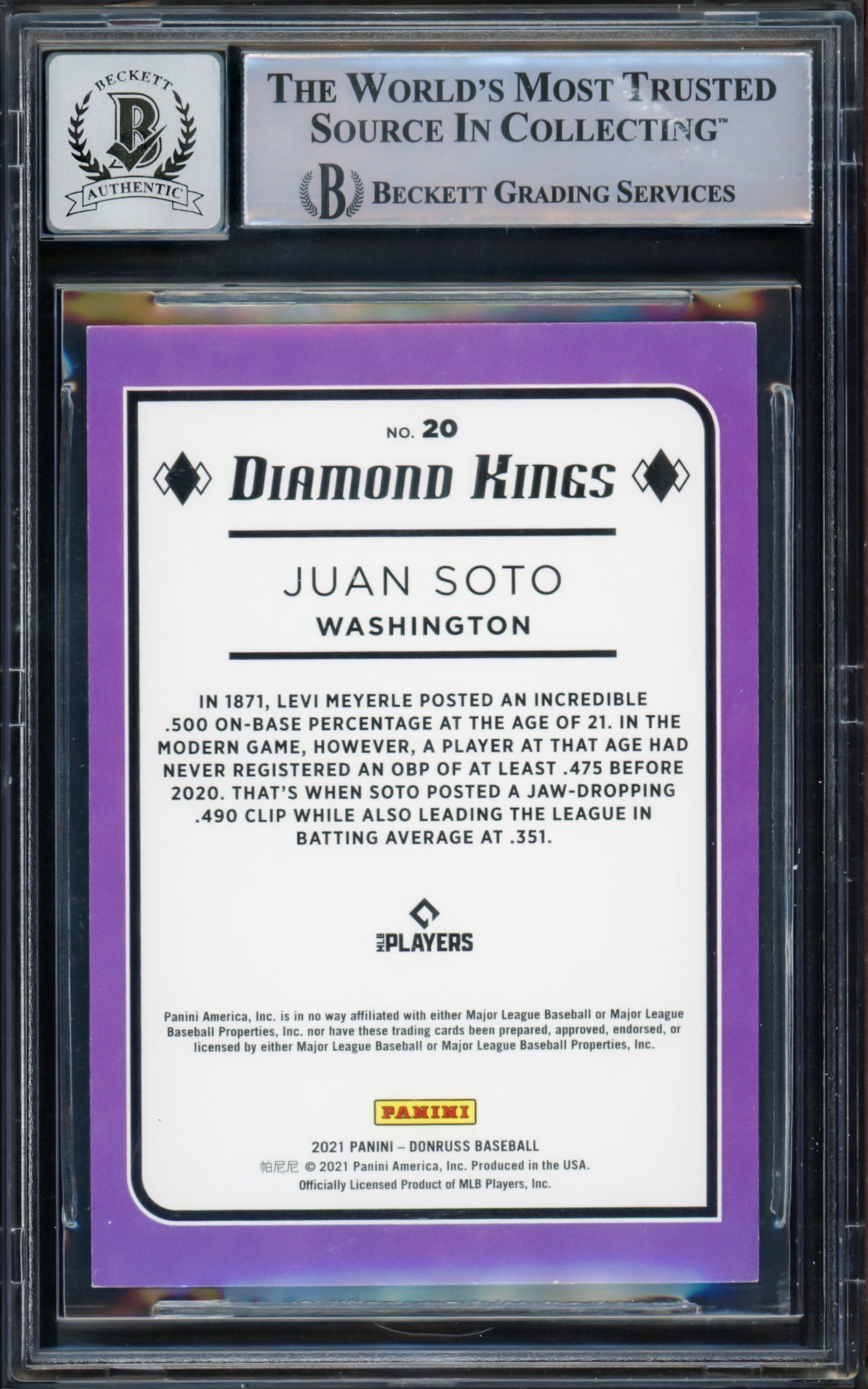 Juan Soto Autographed 2021 Donruss Diamond Kings Card #20 New York Yankees Auto Grade Gem Mint 10 Beckett BAS #15774049
