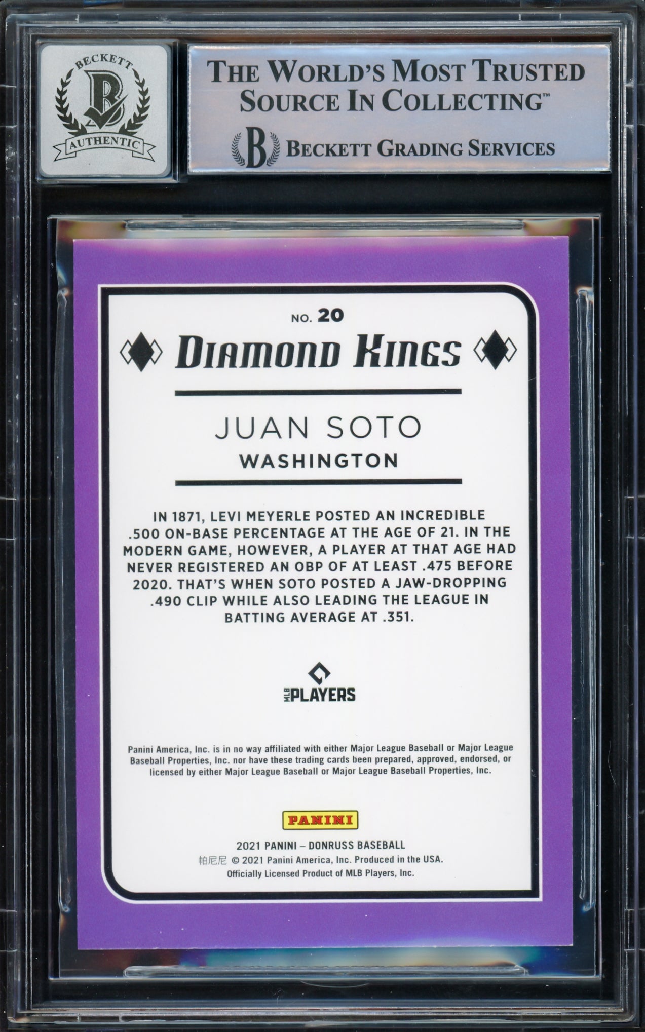 Juan Soto Autographed 2021 Donruss Diamond Kings Card #20 New York Yankees Auto Grade Gem Mint 10 Beckett BAS #15774050