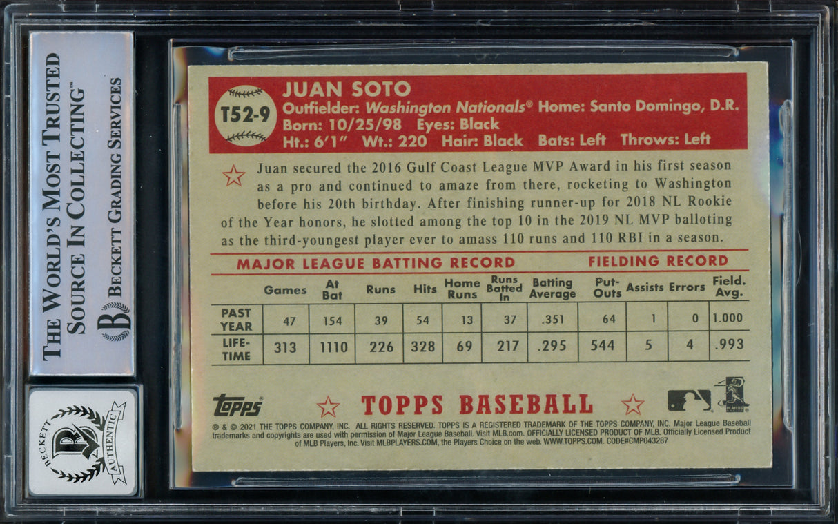 Juan Soto Autographed 2021 Topps 1952 Redux Card #T52-9 New York Yankees Auto Grade Gem Mint 10 Beckett BAS #15774058