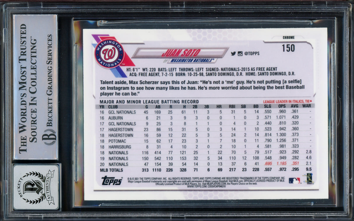 Juan Soto Autographed 2021 Topps Chrome Card #150 New York Yankees Auto Grade Gem Mint 10 Beckett BAS #15774068