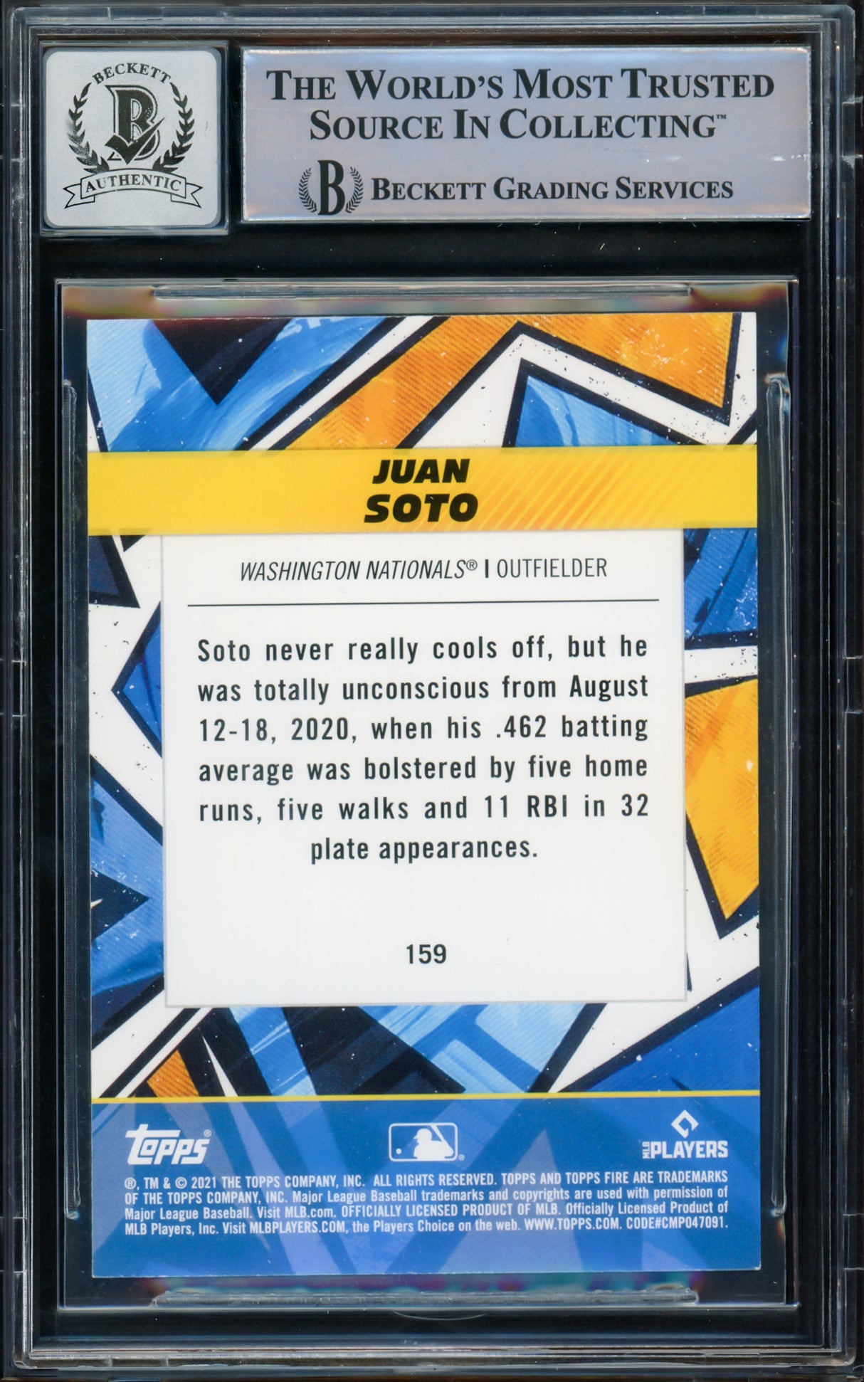Juan Soto Autographed 2021 Topps Fire Card #159 New York Yankees Auto Grade Gem Mint 10 Beckett BAS #15774071