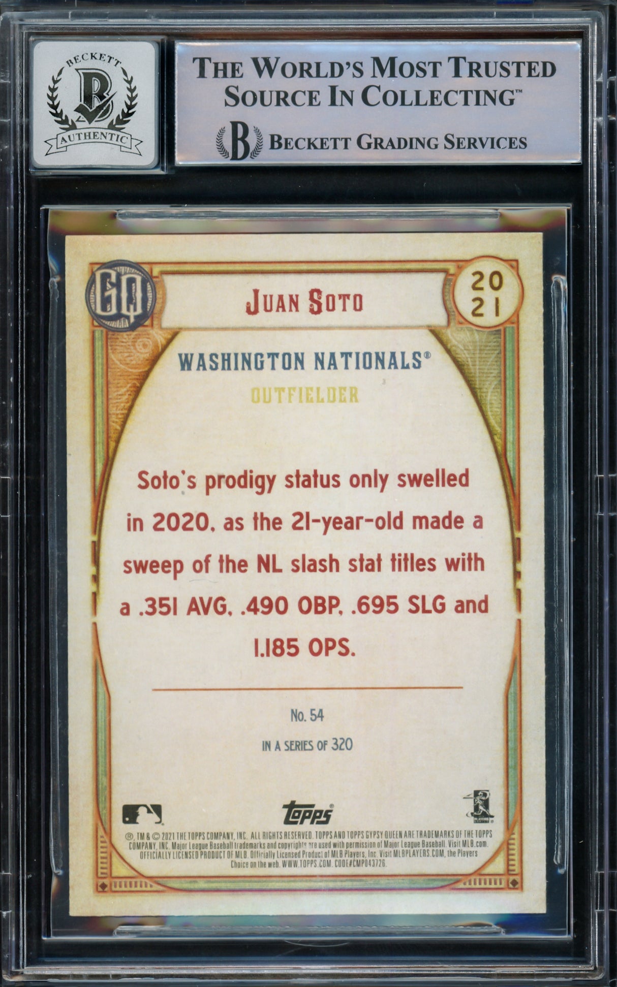 Juan Soto Autographed 2021 Topps Gypsy Queen Card #54 New York Yankees Auto Grade Gem Mint 10 Beckett BAS #15774073
