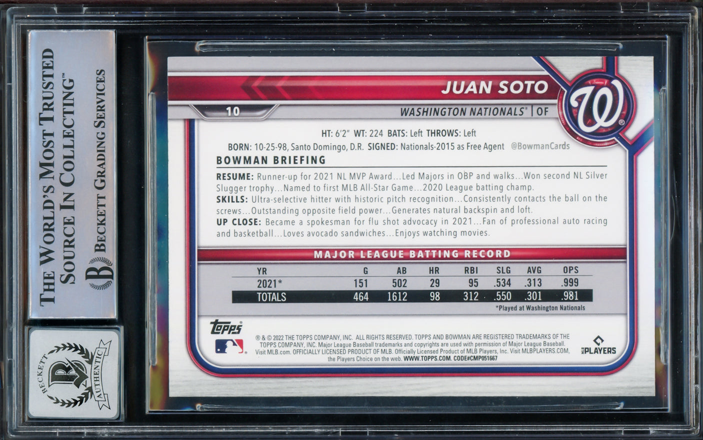 Juan Soto Autographed 2022 Bowman Card #10 New York Yankees Auto Grade Gem Mint 10 Beckett BAS #15774089