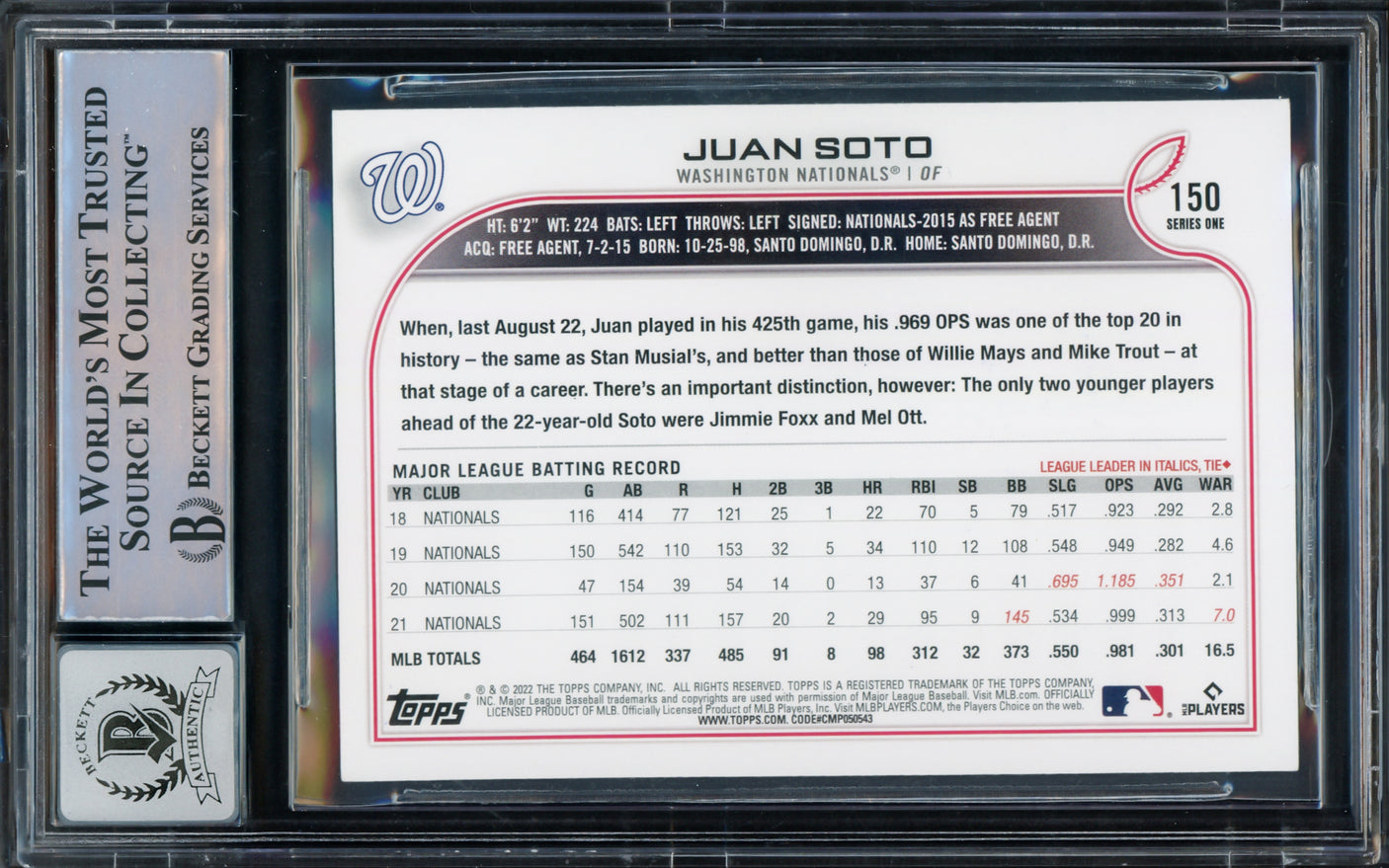 Juan Soto Autographed 2022 Topps Card #150 New York Yankees Auto Grade Gem Mint 10 Beckett BAS #15774329