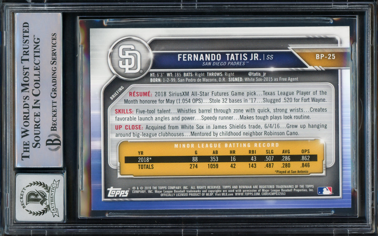 Fernando Tatis Jr. Autographed 2019 Bowman Rookie Card #BP25 San Diego Padres Auto Grade Gem Mint 10 Beckett BAS #15774533