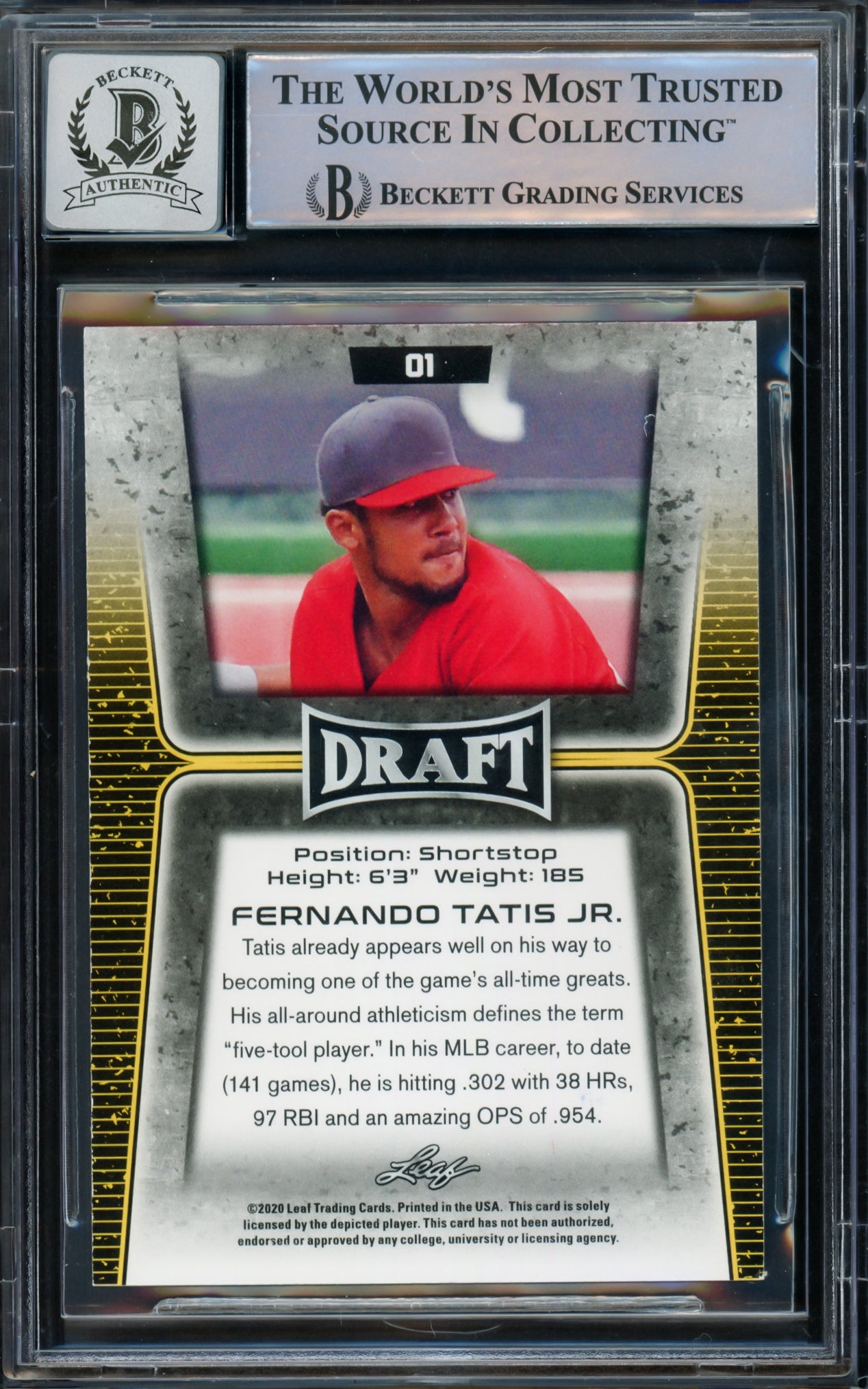 Fernando Tatis Jr. Autographed 2020 Leaf Draft Gold Card #1 San Diego Padres Auto Grade Gem Mint 10 Beckett BAS #15774558