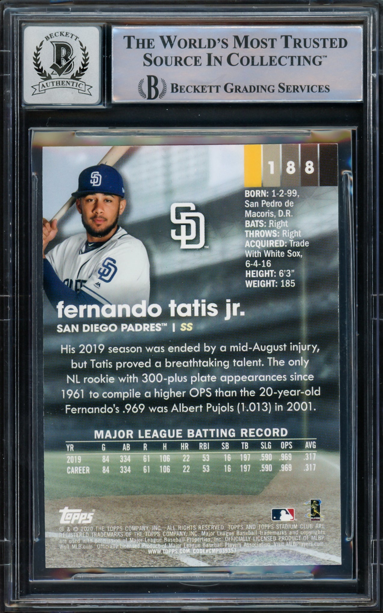 Fernando Tatis Jr. Autographed 2020 Stadium Club Card #188 San Diego Padres Auto Grade Gem Mint 10 Beckett BAS #15774564