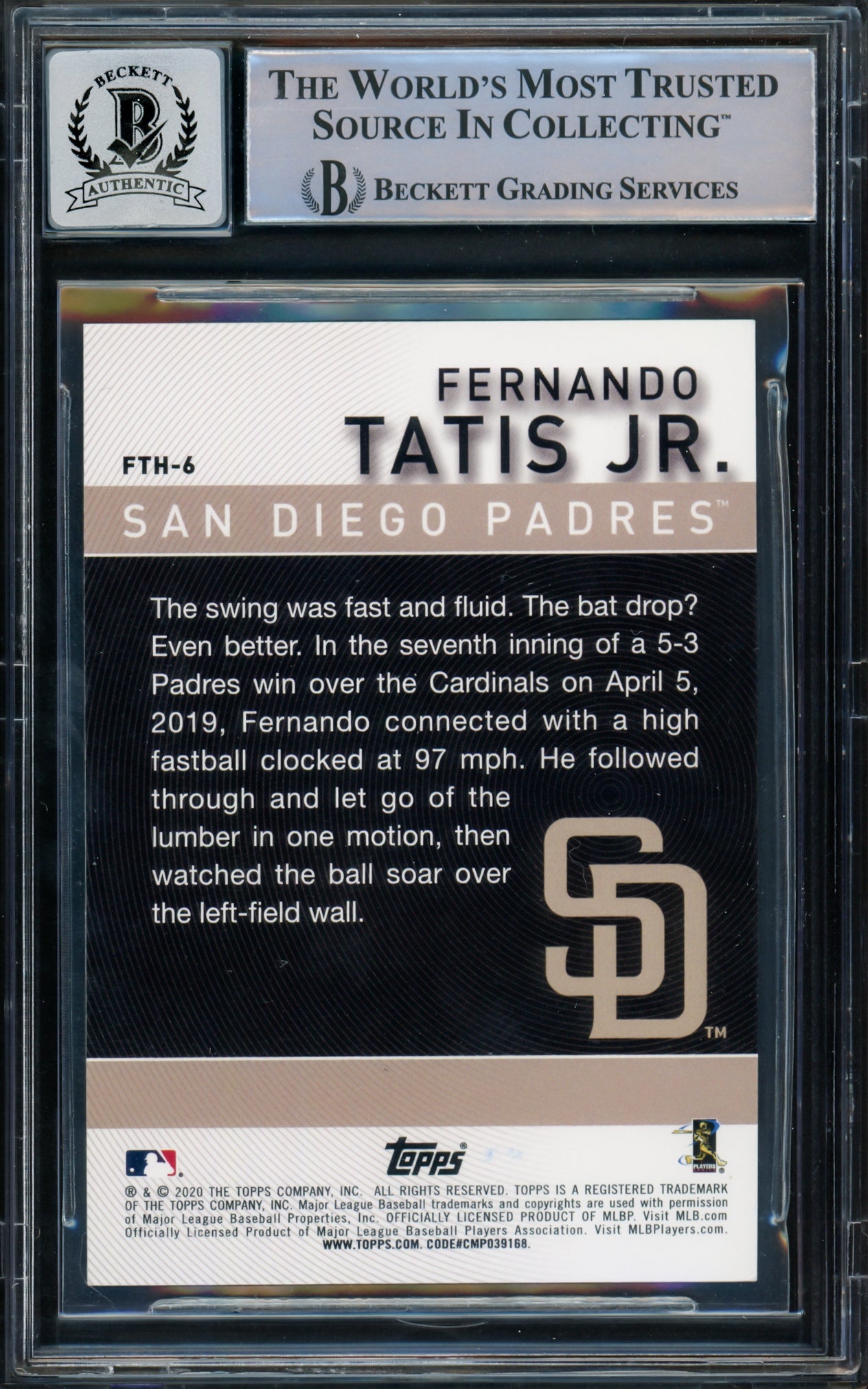 Fernando Tatis Jr. Autographed 2020 Topps Card #FTH-6 San Diego Padres Auto Grade Gem Mint 10 Beckett BAS #15774853