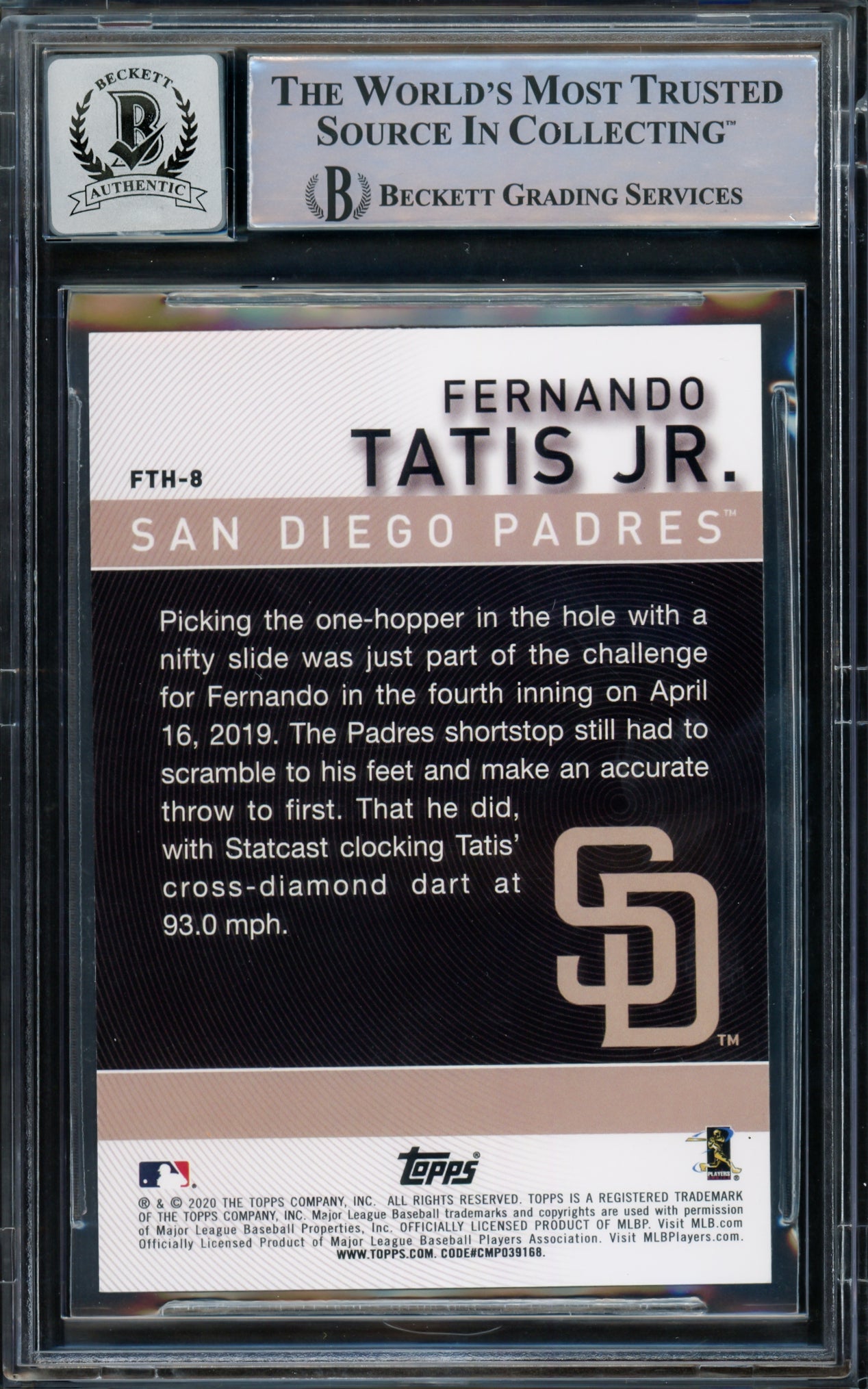 Fernando Tatis Jr. Autographed 2020 Topps Card #FTH-8 San Diego Padres Auto Grade Gem Mint 10 Beckett BAS #15774854