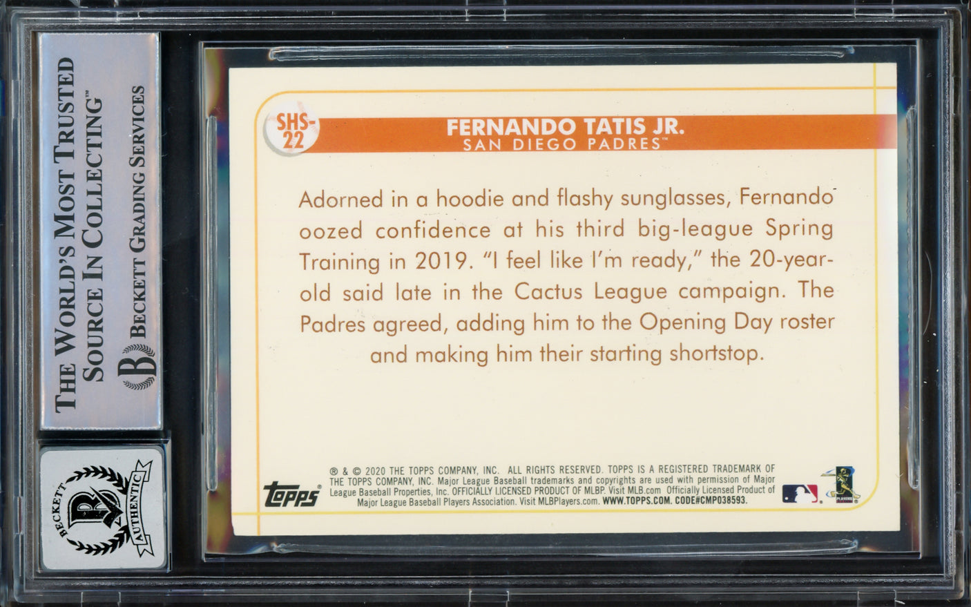 Fernando Tatis Jr. Autographed 2020 Topps Opening Day Spring Has Sprung Card #SHS-22 San Diego Padres Auto Grade Gem Mint 10 Beckett BAS #15774873
