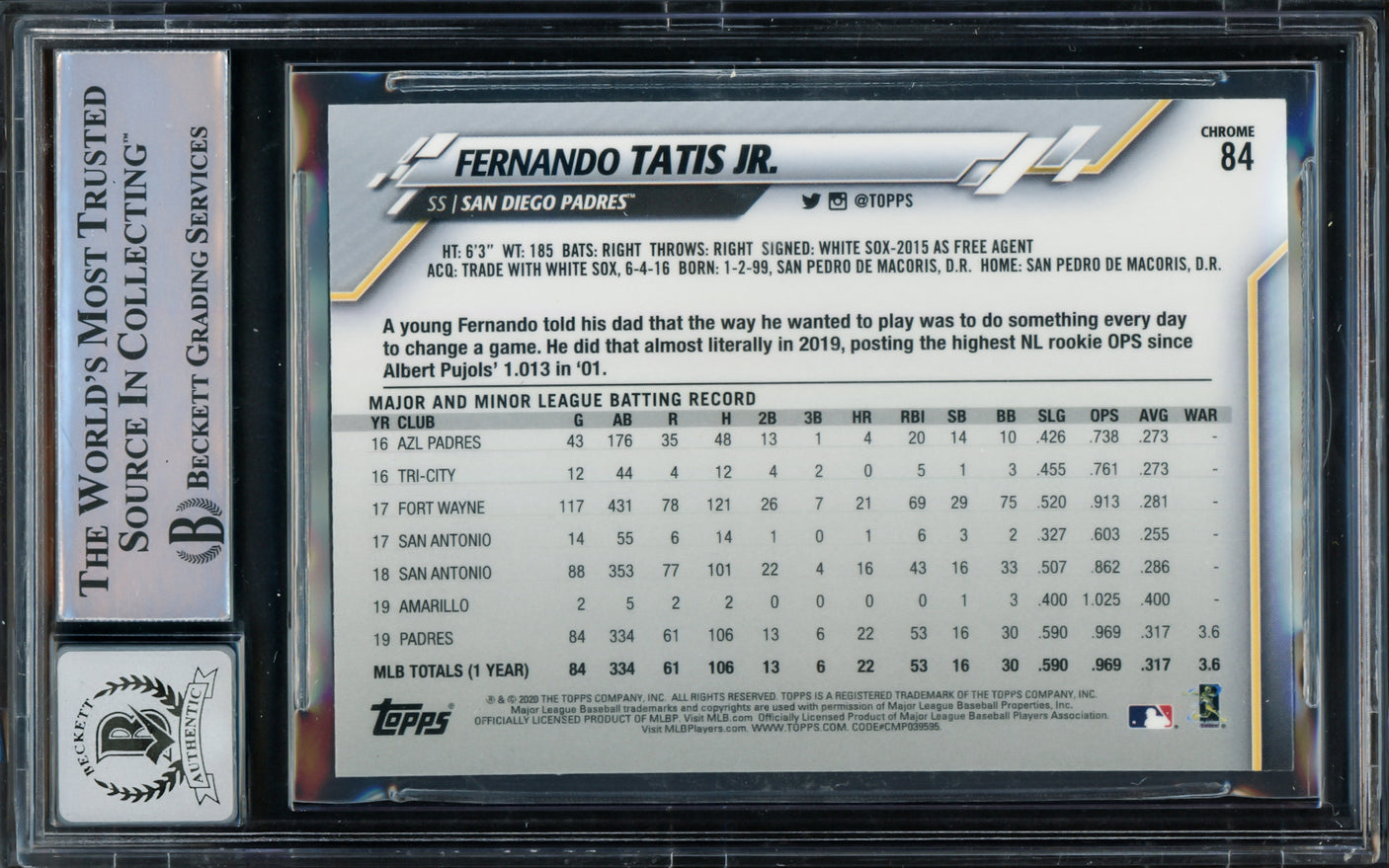 Fernando Tatis Jr. Autographed 2020 Topps Chrome Card #84 San Diego Padres Auto Grade Gem Mint 10 Beckett BAS #15774876