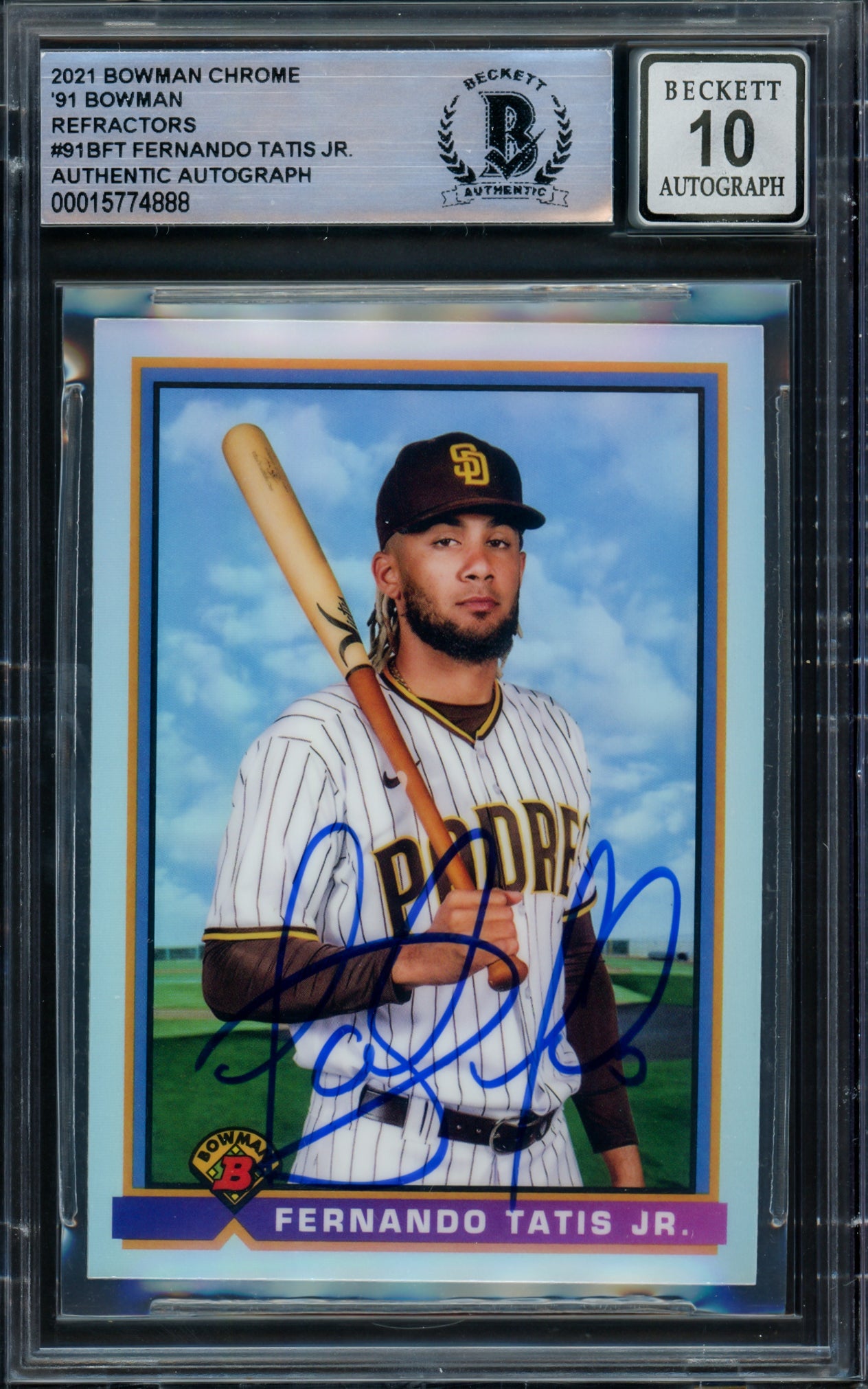 Fernando Tatis Jr. Autographed 2021 Bowman Chrome 1991 Refractor Card #91B San Diego Padres Auto Grade Gem Mint 10 Beckett BAS #15774888