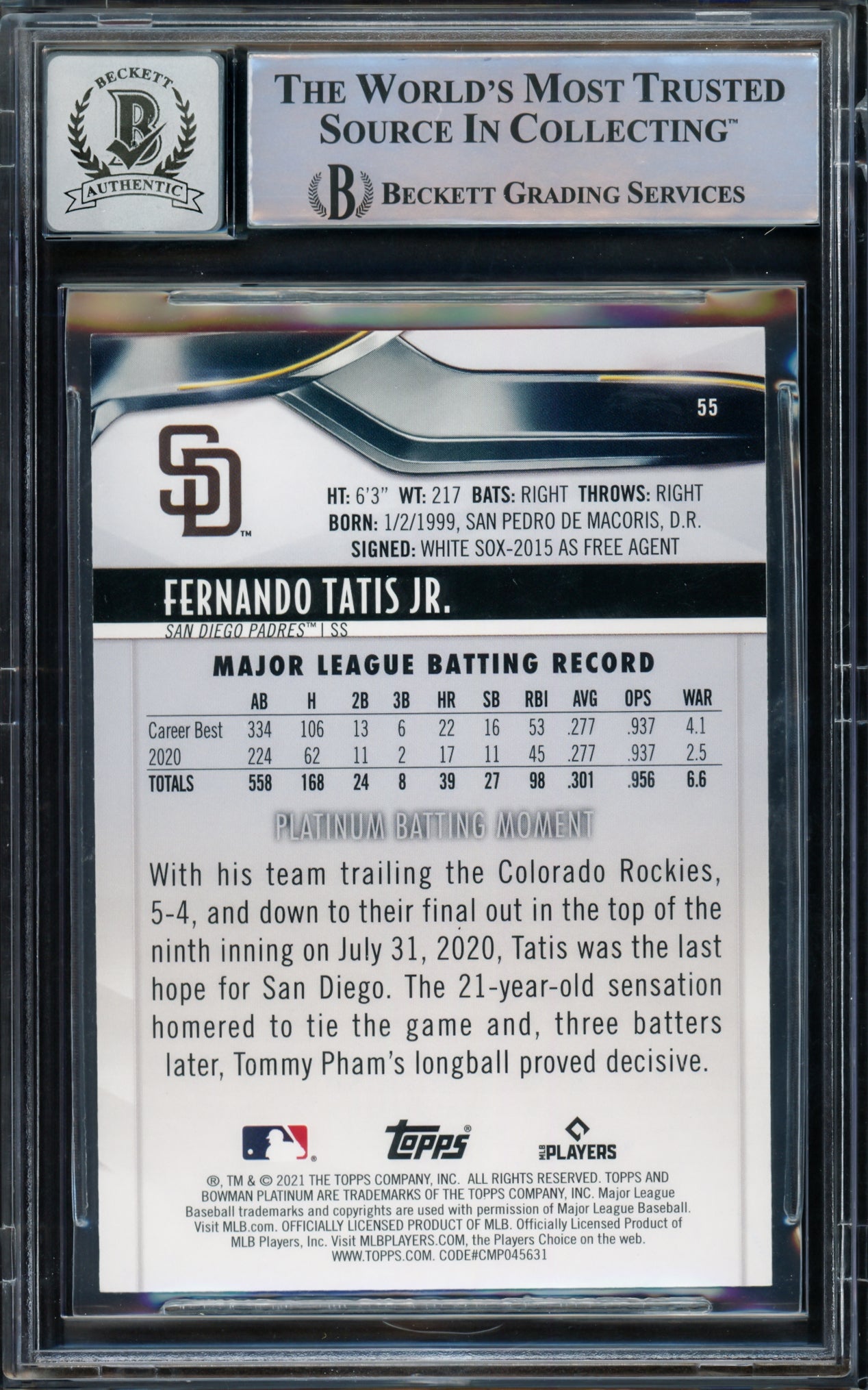 Fernando Tatis Jr. Autographed 2021 Bowman Platinum Card #55 San Diego Padres Auto Grade Gem Mint 10 Beckett BAS #15774893
