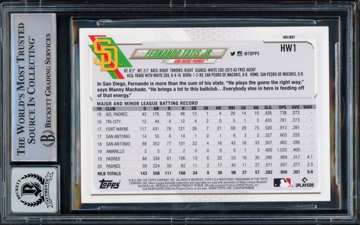 Fernando Tatis Jr. Autographed 2021 Topps Holiday Card #HW1 San Diego Padres Auto Grade Gem Mint 10 Beckett BAS #15775082