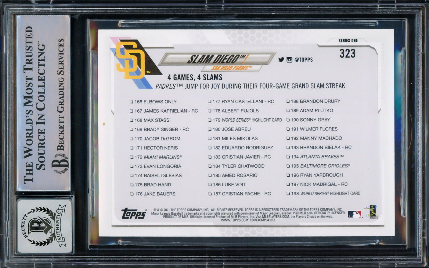 Fernando Tatis Jr. Autographed 2021 Topps Card #323 San Diego Padres Auto Grade Gem Mint 10 Beckett BAS #15775088