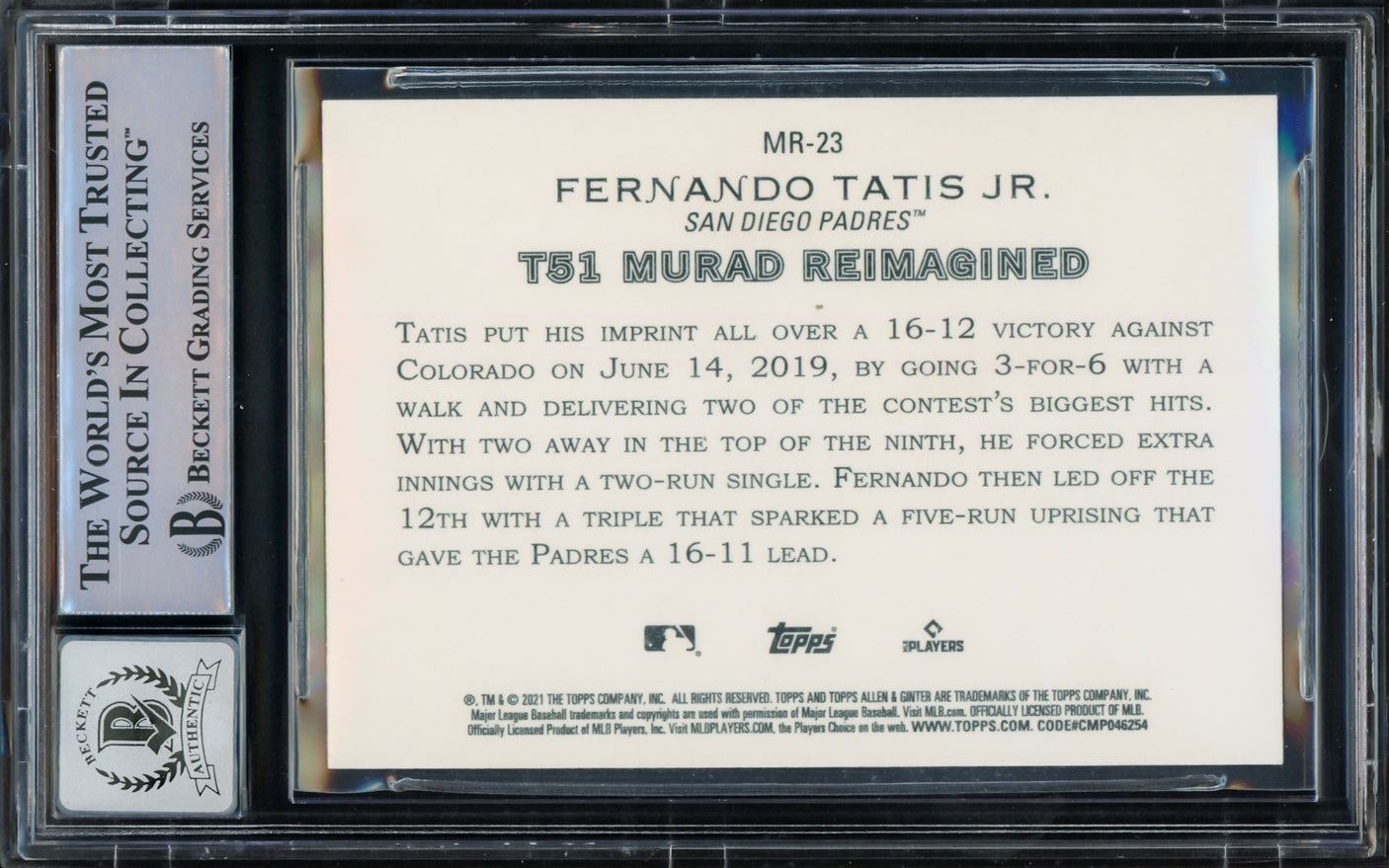 Fernando Tatis Jr. Autographed 2021 Topps Allen & Ginter Murad Card #MR-23 San Diego Padres Auto Grade Gem Mint 10 Beckett BAS #15775100