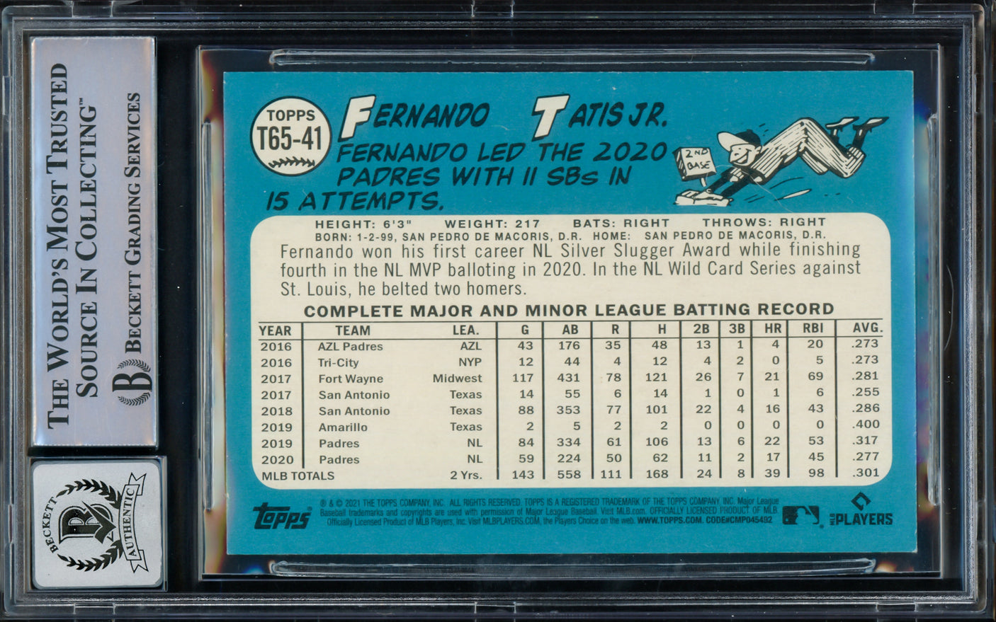 Fernando Tatis Jr. Autographed 2021 Topps Archives Card #T65-41 San Diego Padres Auto Grade Gem Mint 10 Beckett BAS #15775101