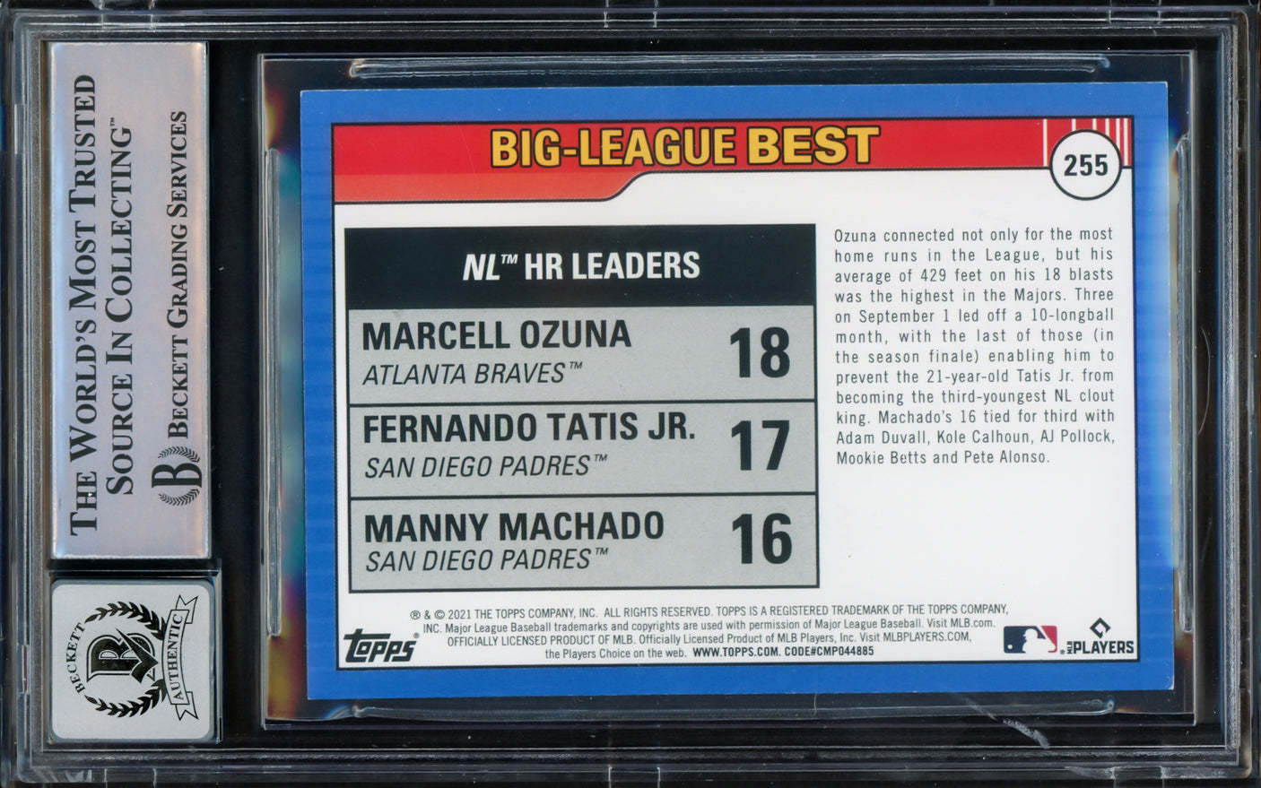 Fernando Tatis Jr. Autographed 2021 Topps Big League Card #255 San Diego Padres Auto Grade Gem Mint 10 Beckett BAS #15775111