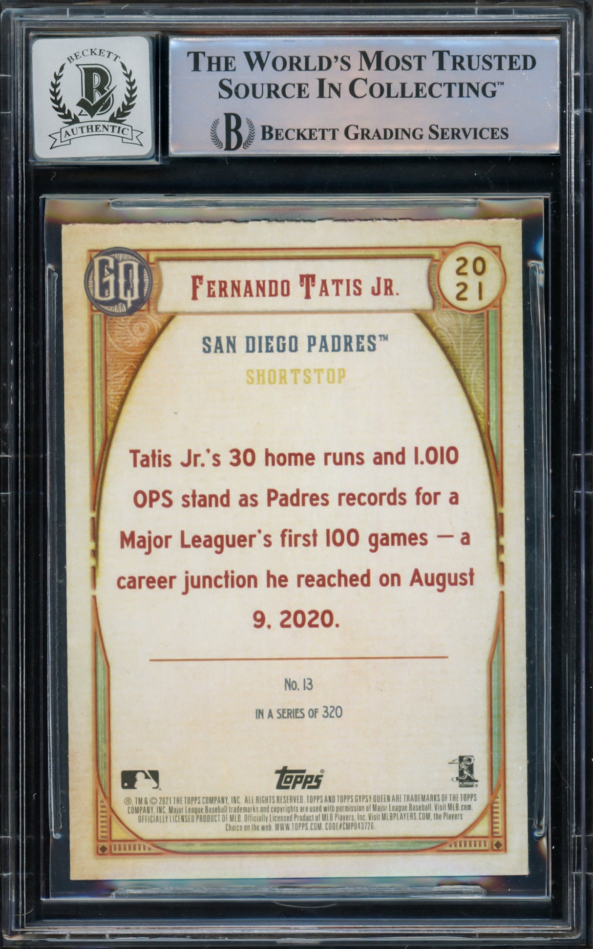 Fernando Tatis Jr. Autographed 2021 Topps Gypsy Queen Card #13 San Diego Padres Auto Grade Gem Mint 10 Beckett BAS #15775154