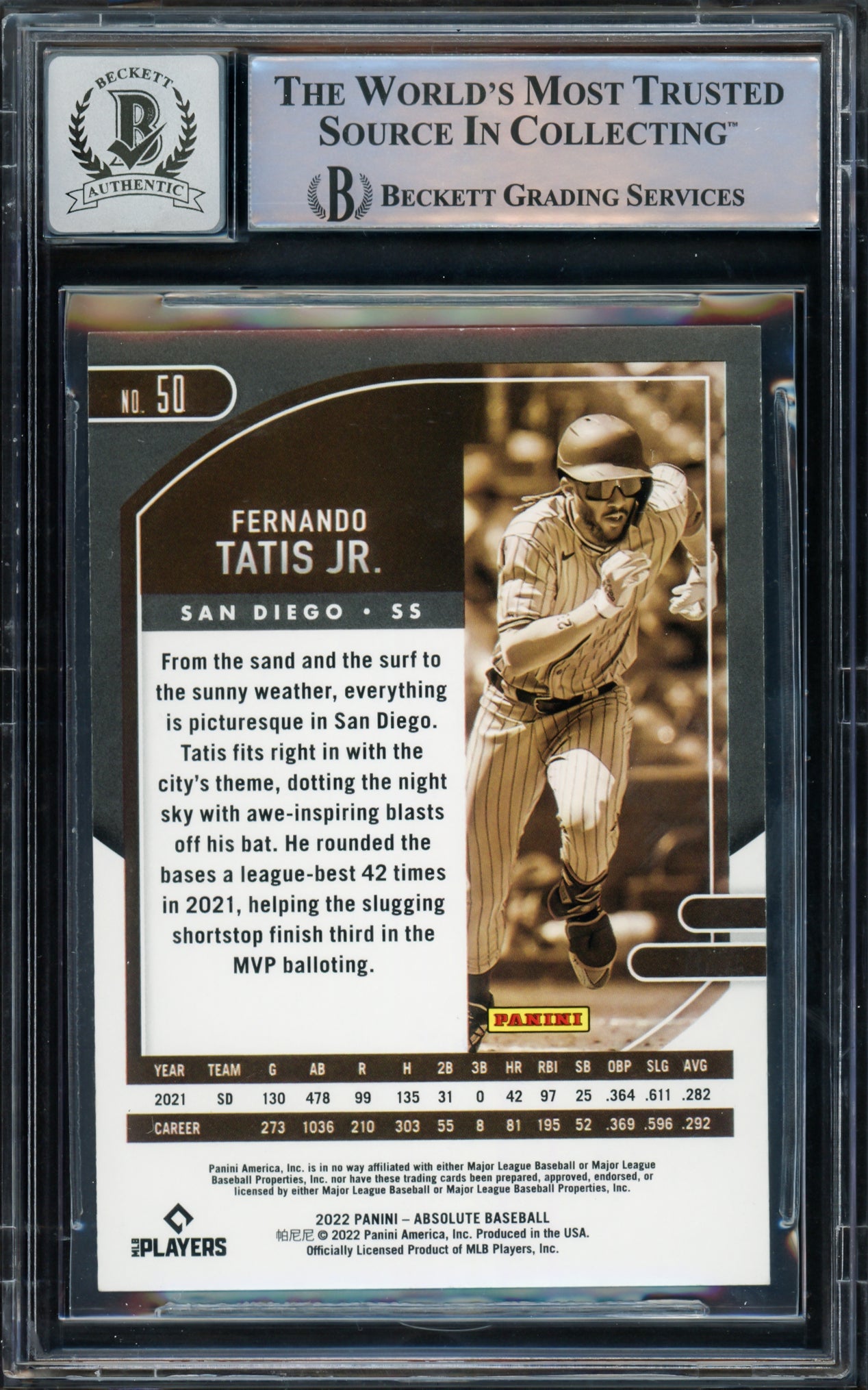Fernando Tatis Jr. Autographed 2022 Panini Absolute Card #50 San Diego Padres Auto Grade Gem Mint 10 Beckett BAS #15775193