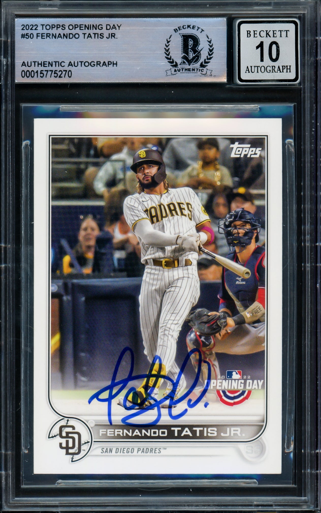 Fernando Tatis Jr. Autographed 2022 Topps Opening Day Card #50 San Diego Padres Auto Grade Gem Mint 10 Beckett BAS #15775270