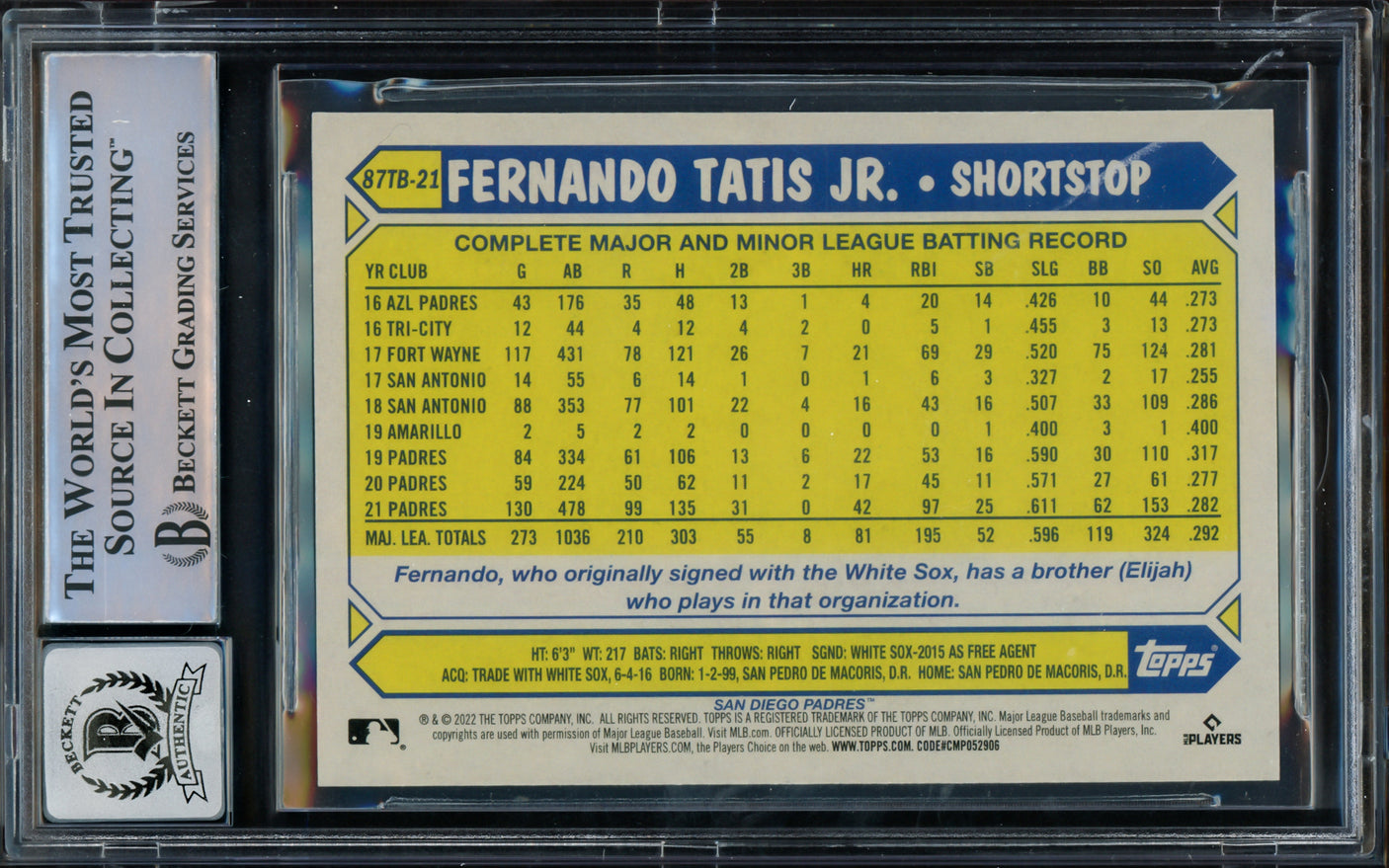 Fernando Tatis Jr. Autographed 2022 Topps Series 2 1987 Style Card #87TB-21 San Diego Padres Auto Grade Gem Mint 10 Beckett BAS #15775422